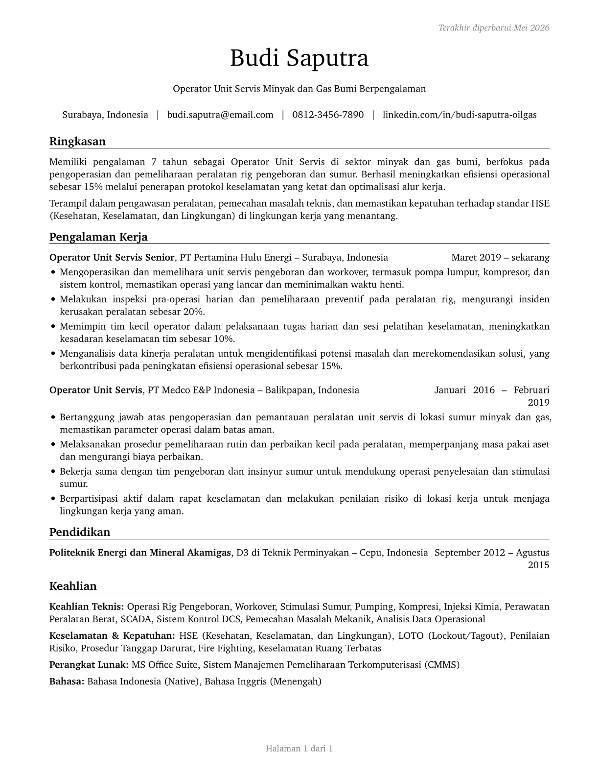 Service Unit Operators, Oil and Gas CV in Indonesian — page 1