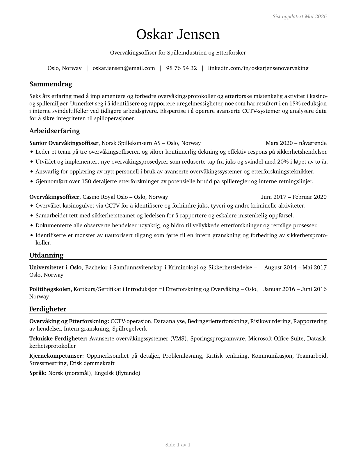 Gambling Surveillance Officers and Gambling Investigators CV in Norwegian_bokmal — page 1