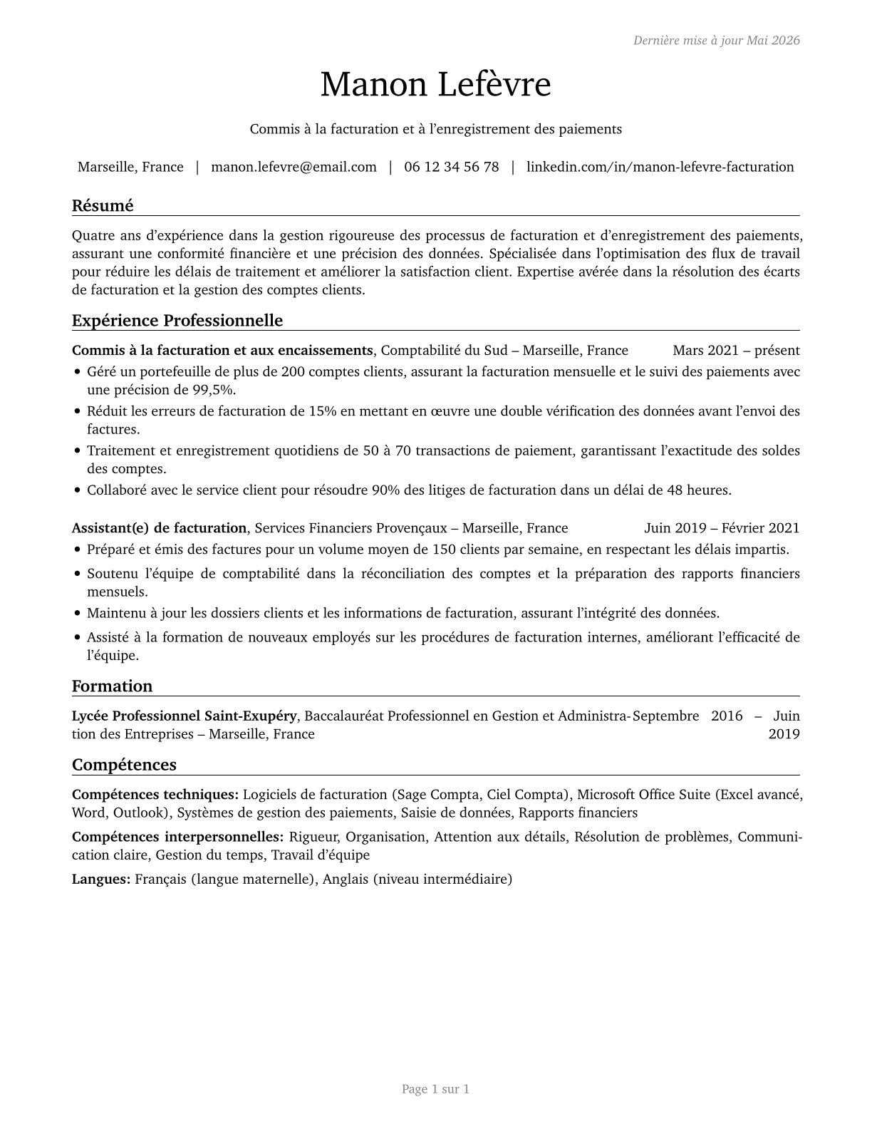 Billing and Posting Clerks CV in French — page 1