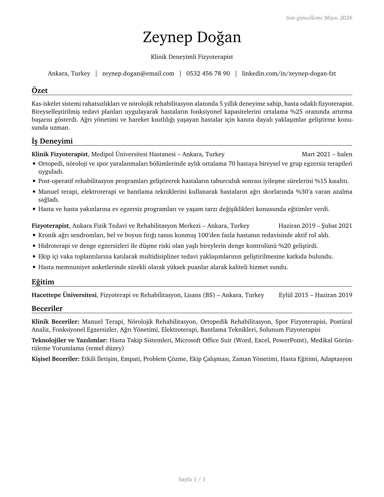 Physical Therapists CV in Turkish — page 1