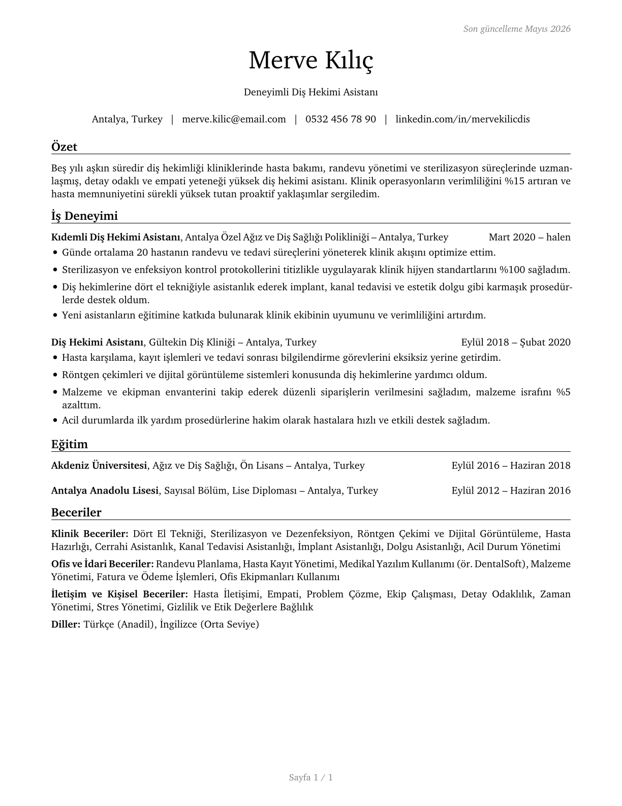 Dental Assistants CV in Turkish — page 1