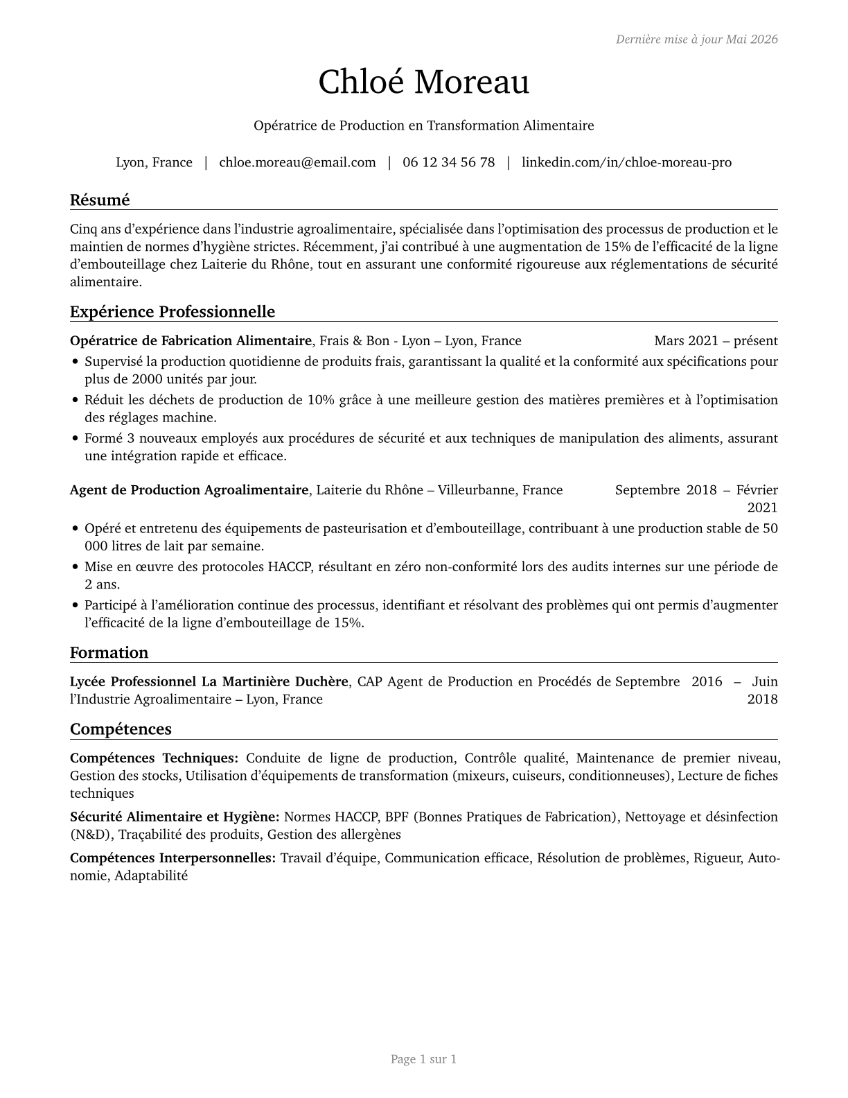 Food Processing Workers, All Other CV in French — page 1
