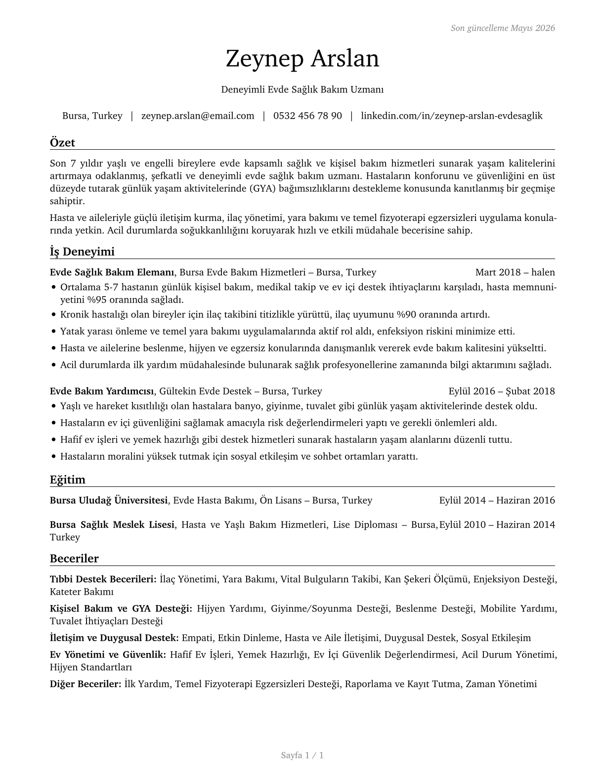 Home Health Aides CV in Turkish — page 1