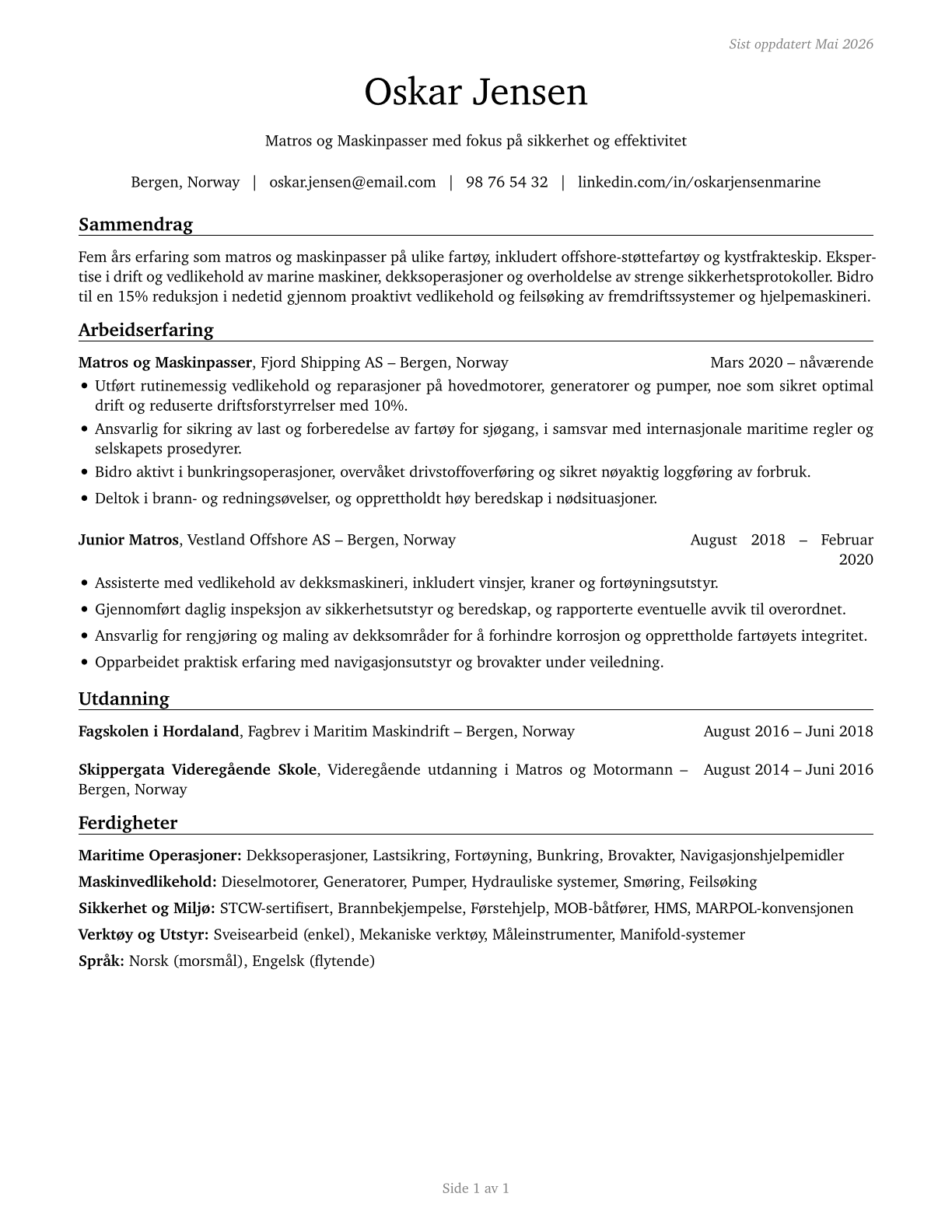 Sailors and Marine Oilers CV in Norwegian_bokmal — page 1
