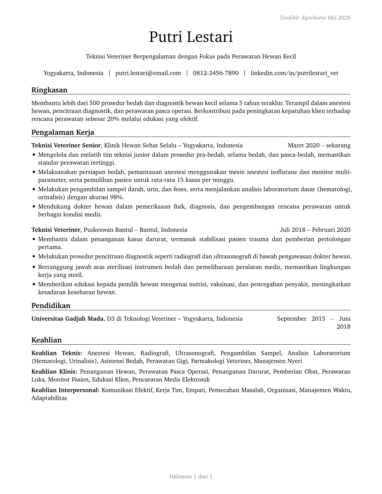 Veterinary Technologists and Technicians CV in Indonesian — page 1