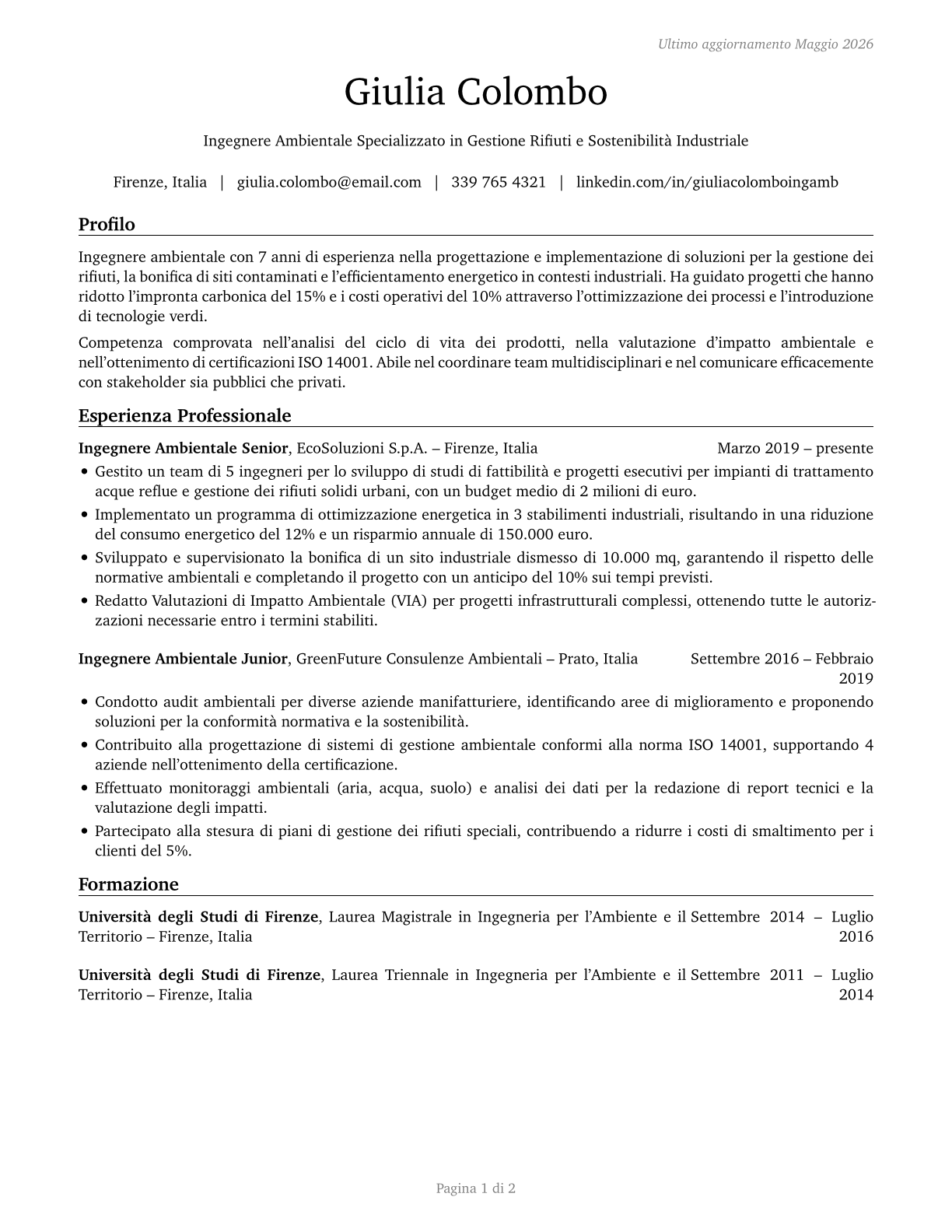 Environmental Engineers CV in Italian — page 1