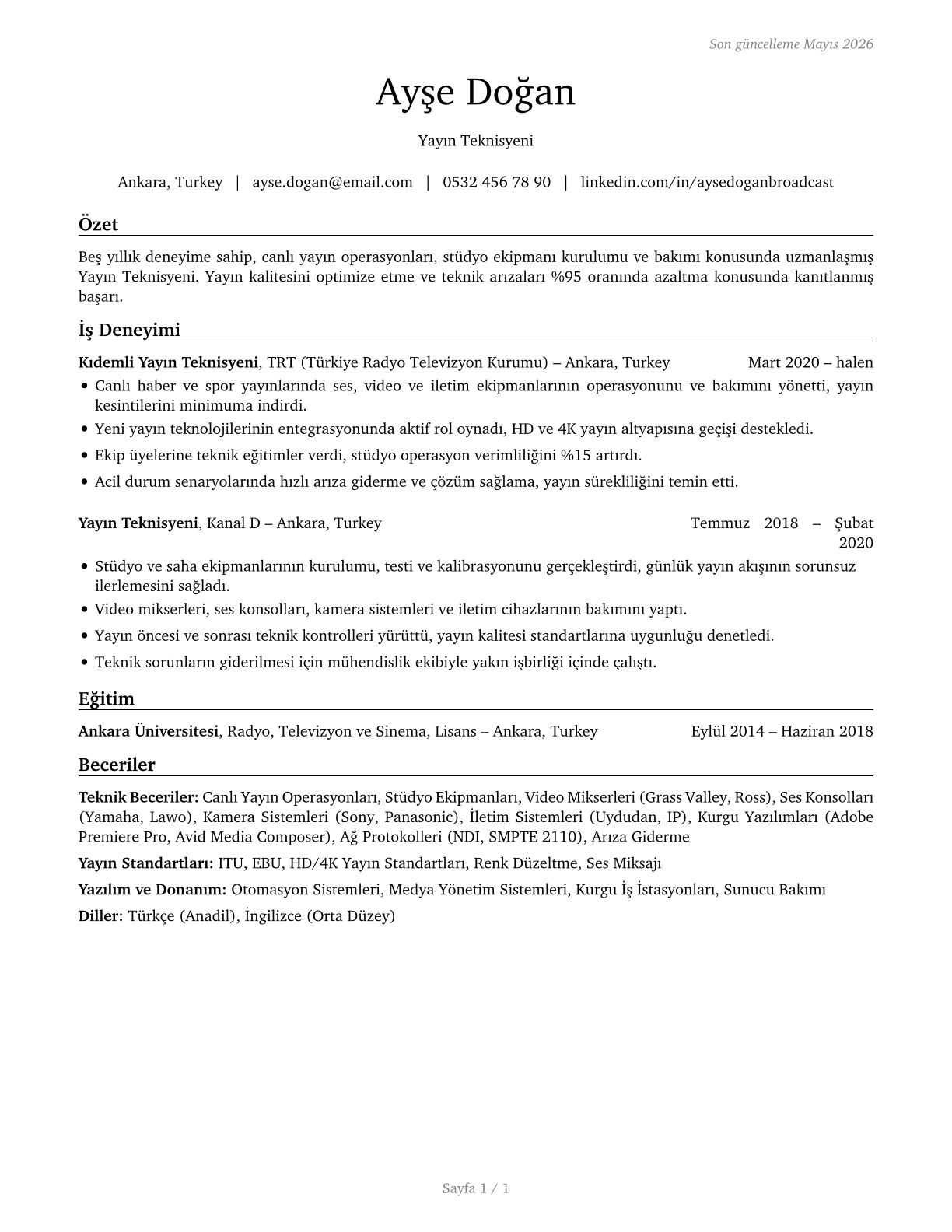 Broadcast Technicians CV in Turkish — page 1