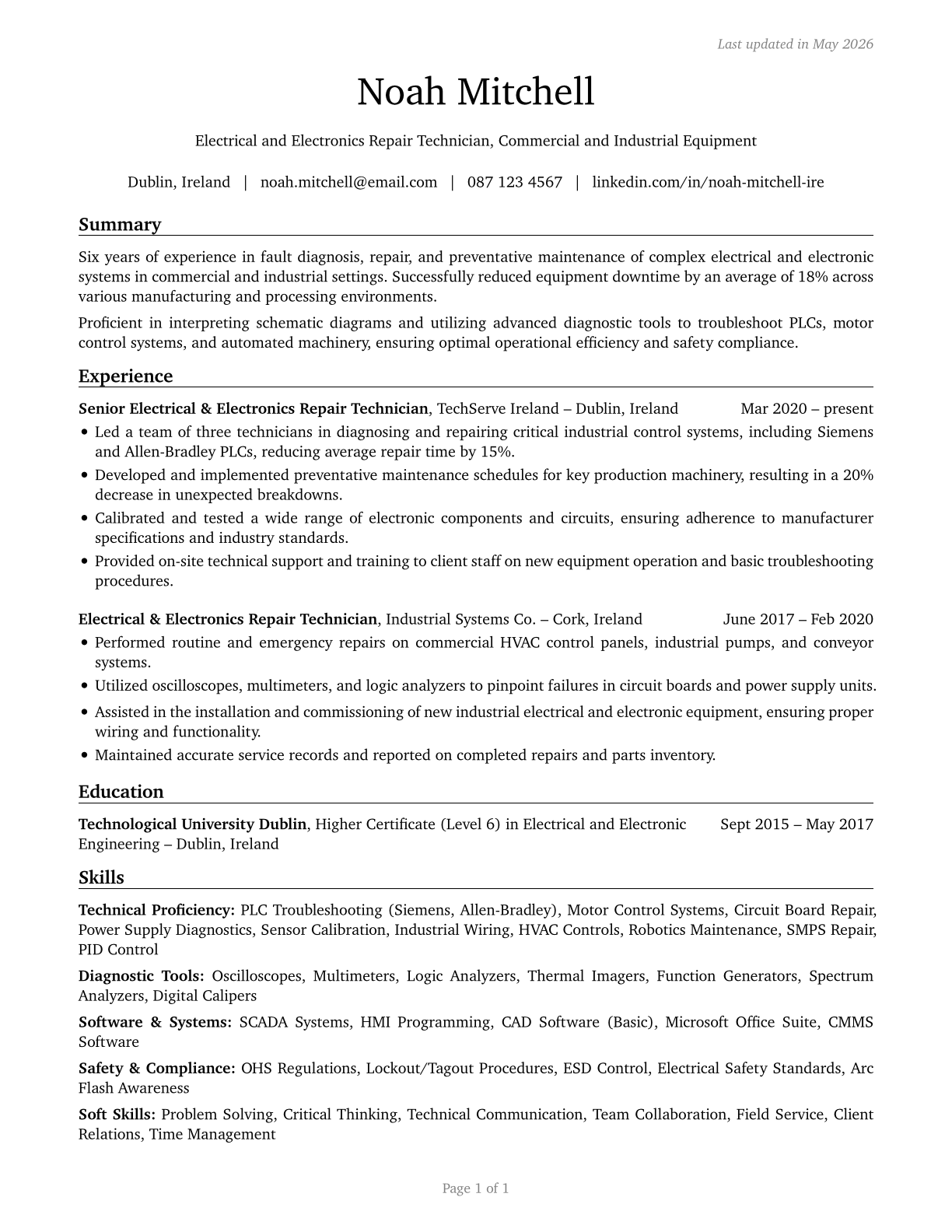 Electrical and Electronics Repairers, Commercial and Industrial Equipment CV in English — page 1