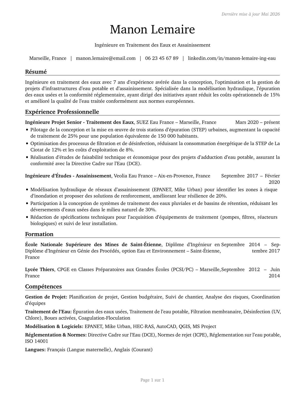 Water/Wastewater Engineers CV in French — page 1