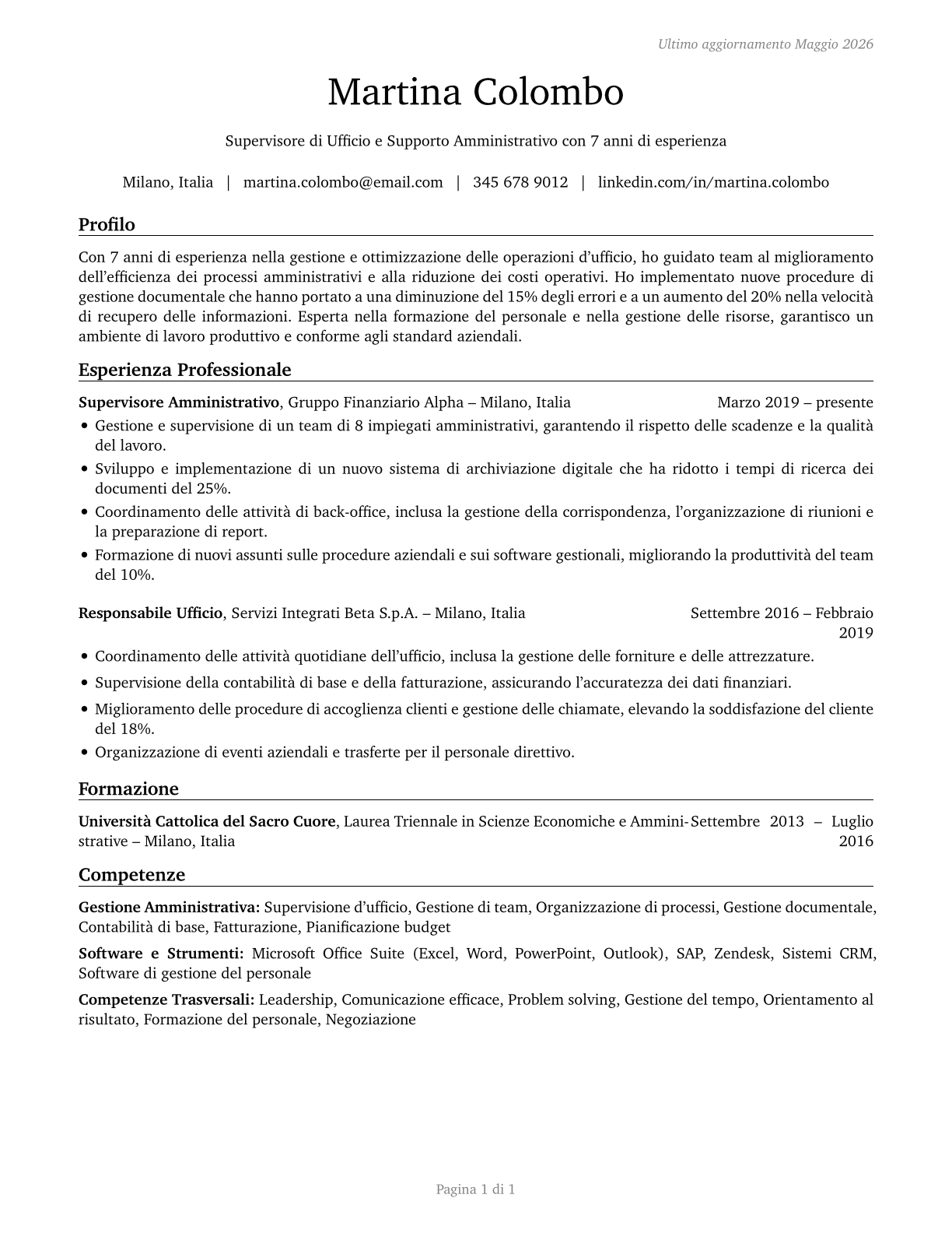 First-Line Supervisors of Office and Administrative Support Workers CV in Italian — page 1