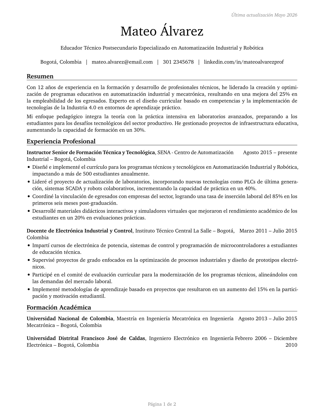 Career/Technical Education Teachers, Postsecondary CV in Spanish — page 1