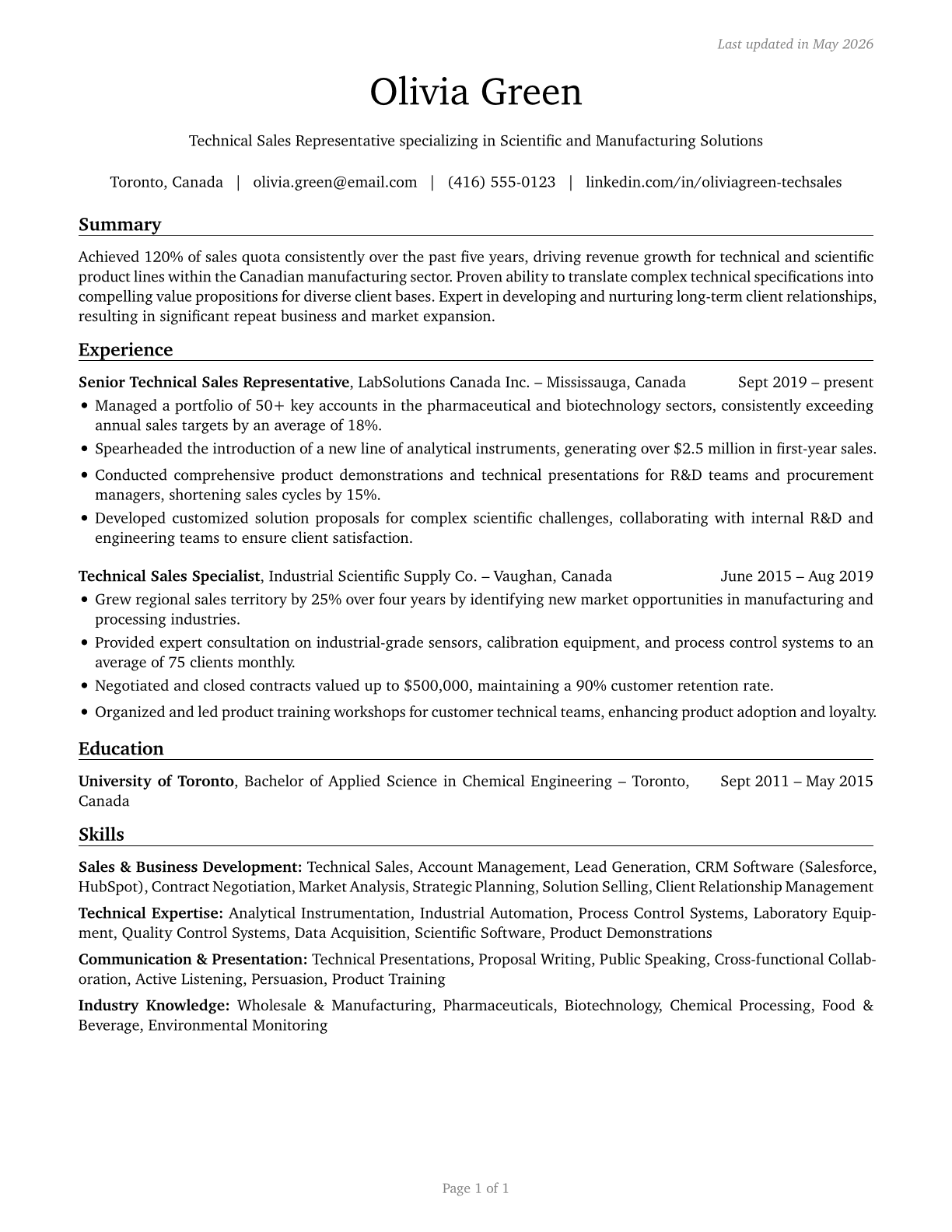 Sales Representatives, Wholesale and Manufacturing, Technical and Scientific Products CV in English — page 1