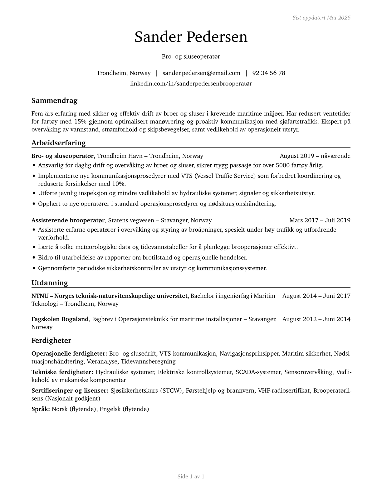 Bridge and Lock Tenders CV in Norwegian_bokmal — page 1