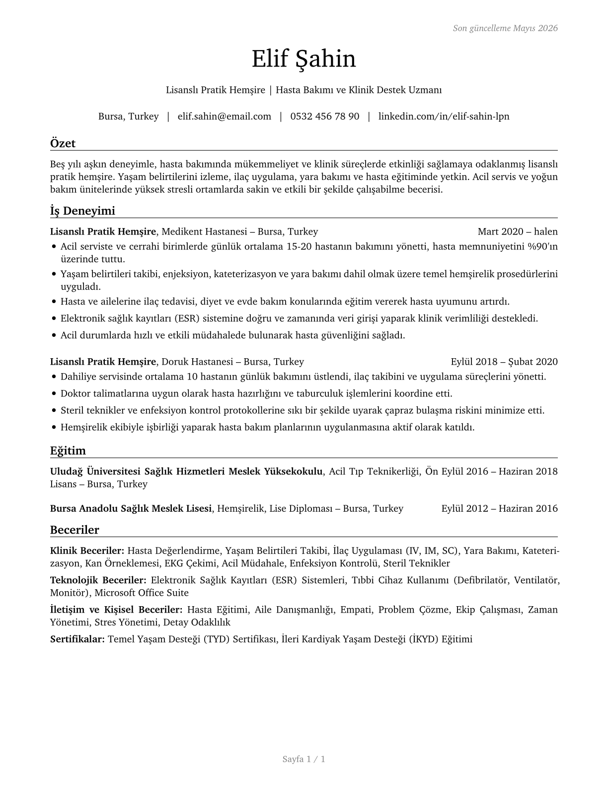 Licensed Practical and Licensed Vocational Nurses CV in Turkish — page 1
