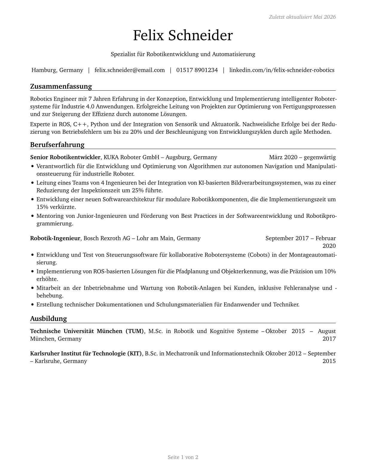 Robotics Engineers CV in German — page 1