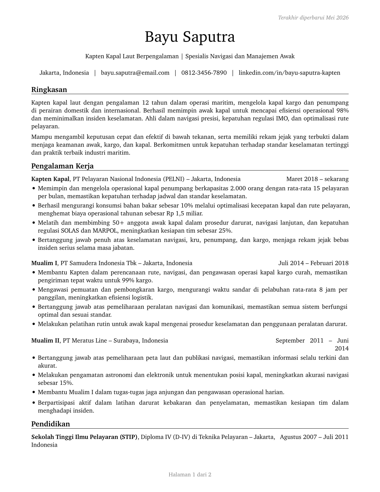 Captains, Mates, and Pilots of Water Vessels CV in Indonesian — page 1