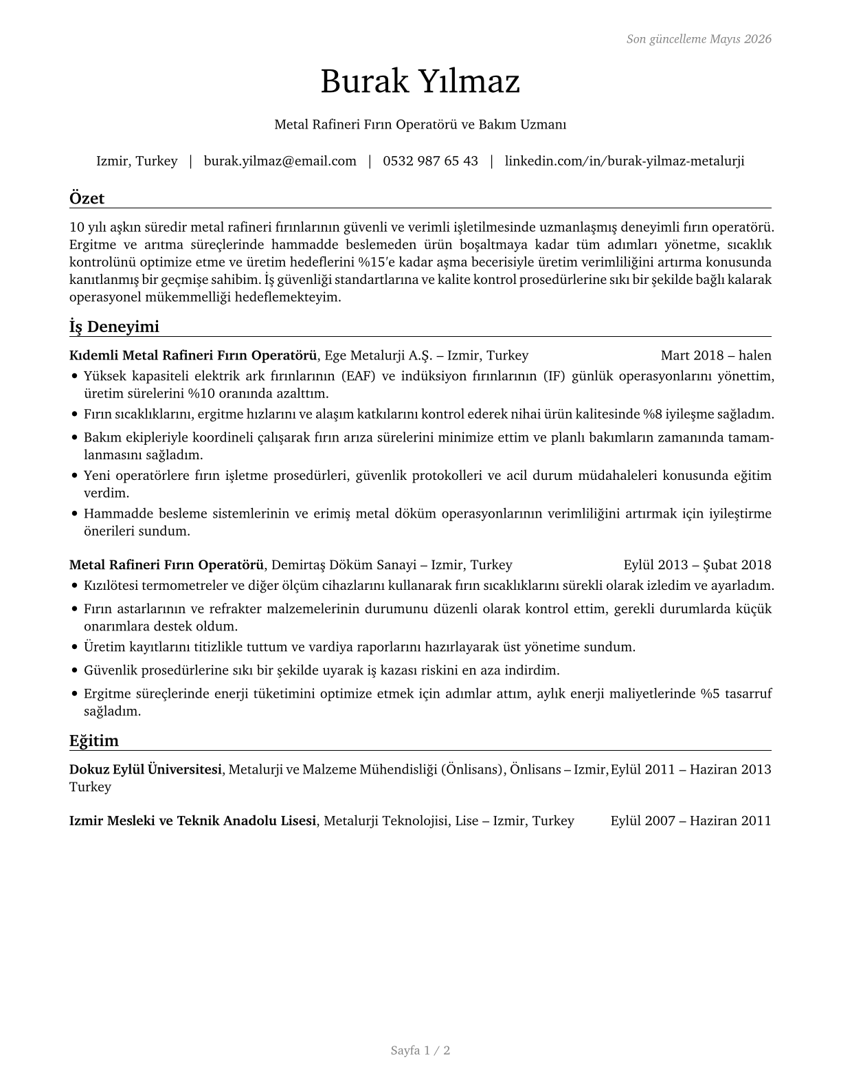 Metal-Refining Furnace Operators and Tenders CV in Turkish — page 1