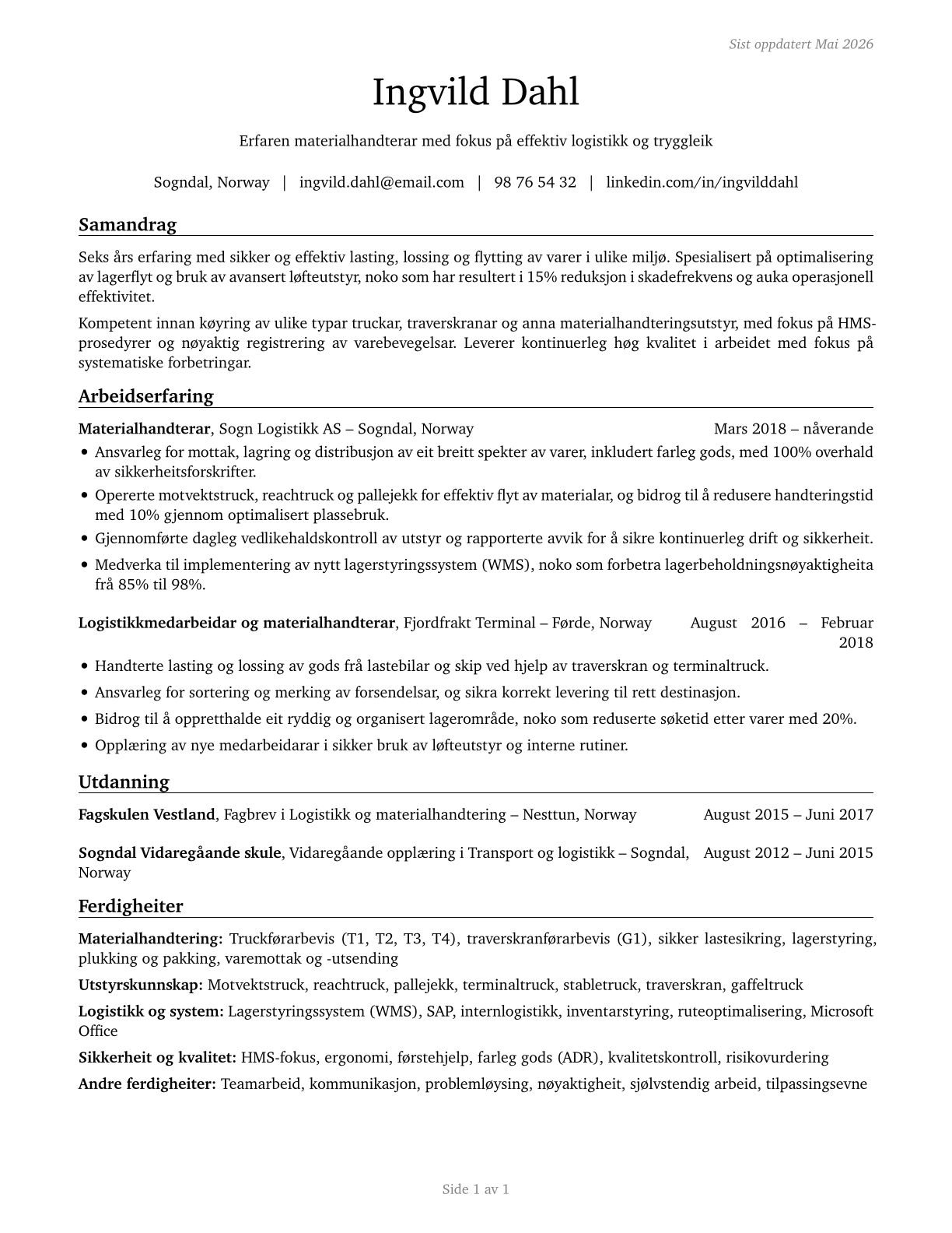 Material Moving Workers, All Other CV in Norwegian_nynorsk — page 1