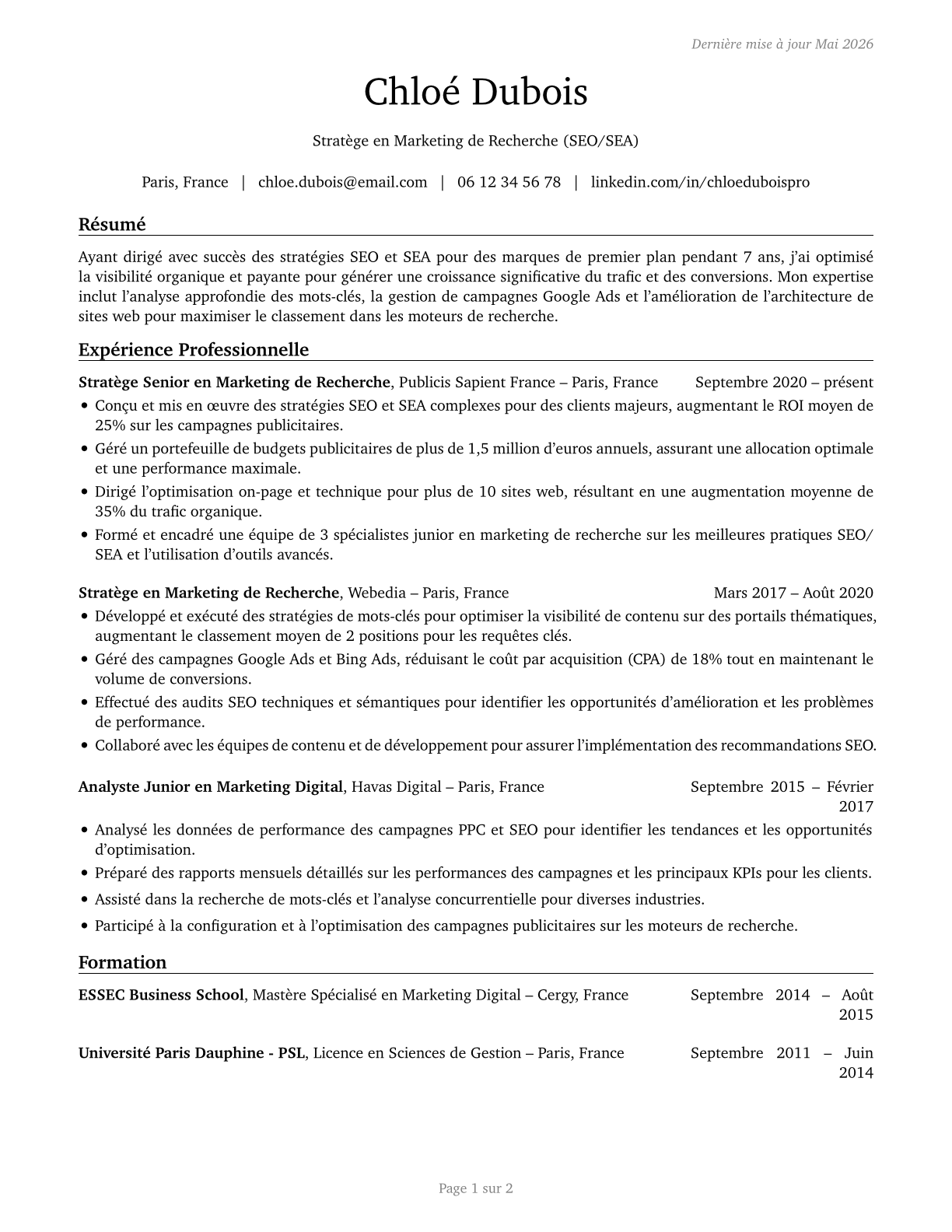 Search Marketing Strategists CV in French — page 1