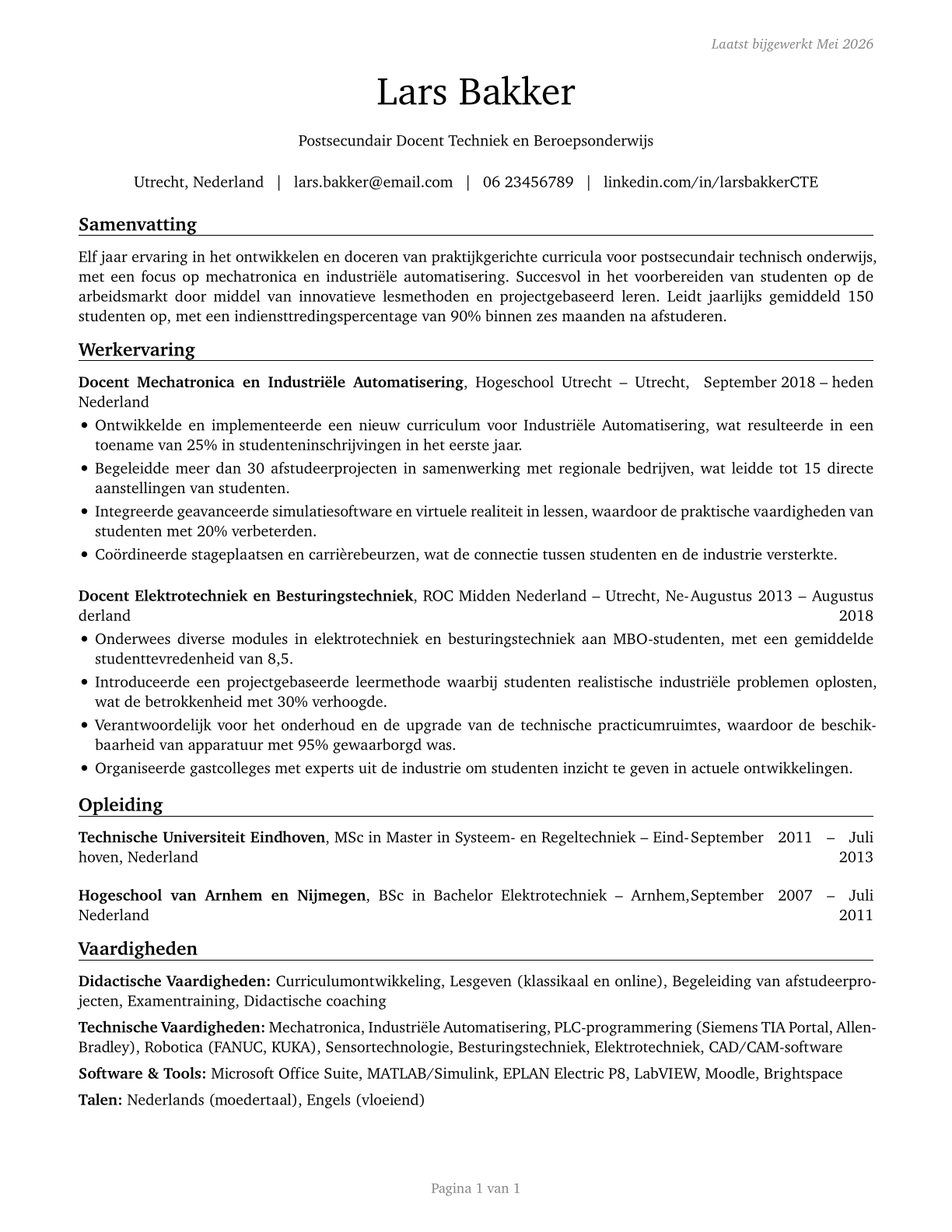 Career/Technical Education Teachers, Postsecondary CV in Dutch — page 1
