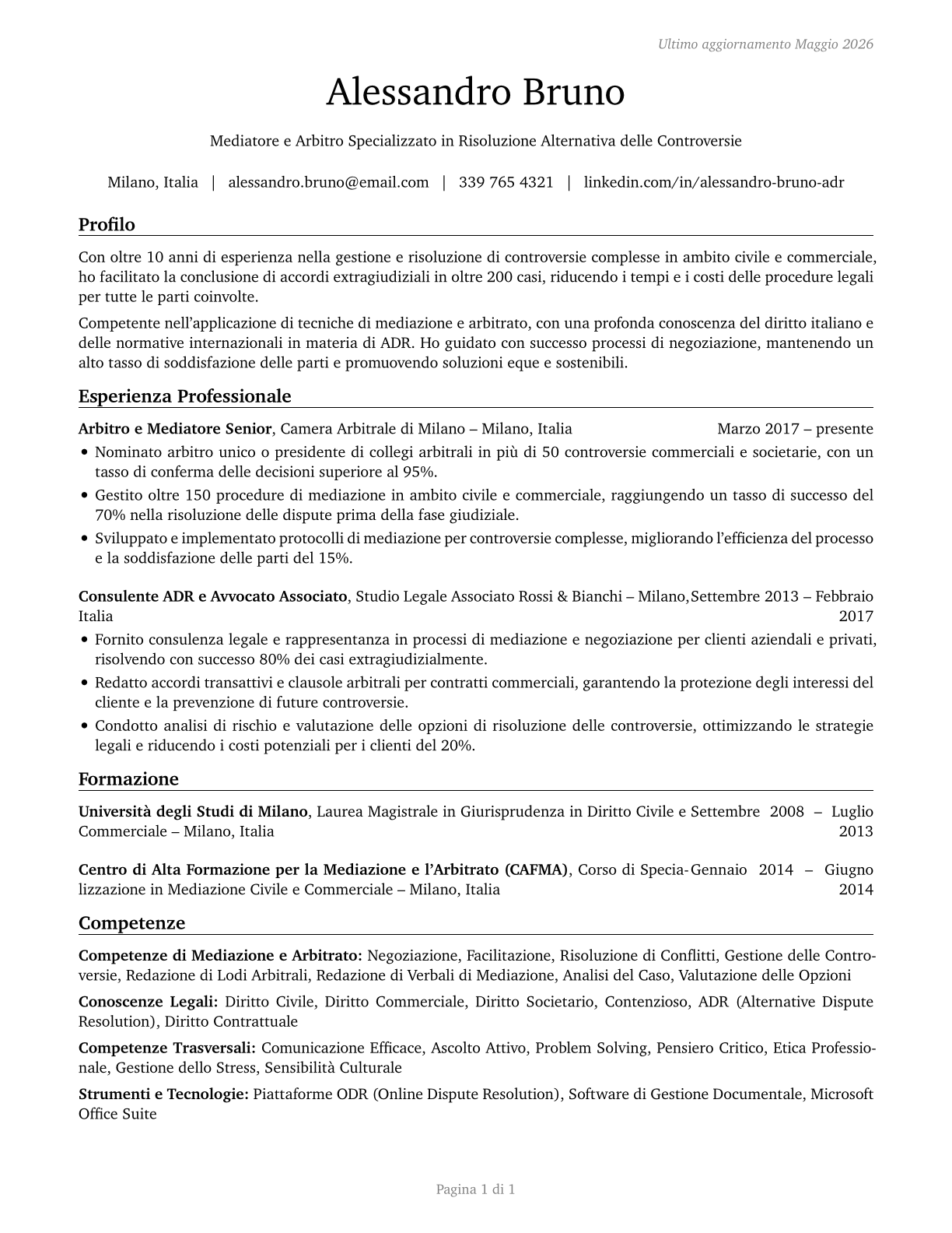 Arbitrators, Mediators, and Conciliators CV in Italian — page 1