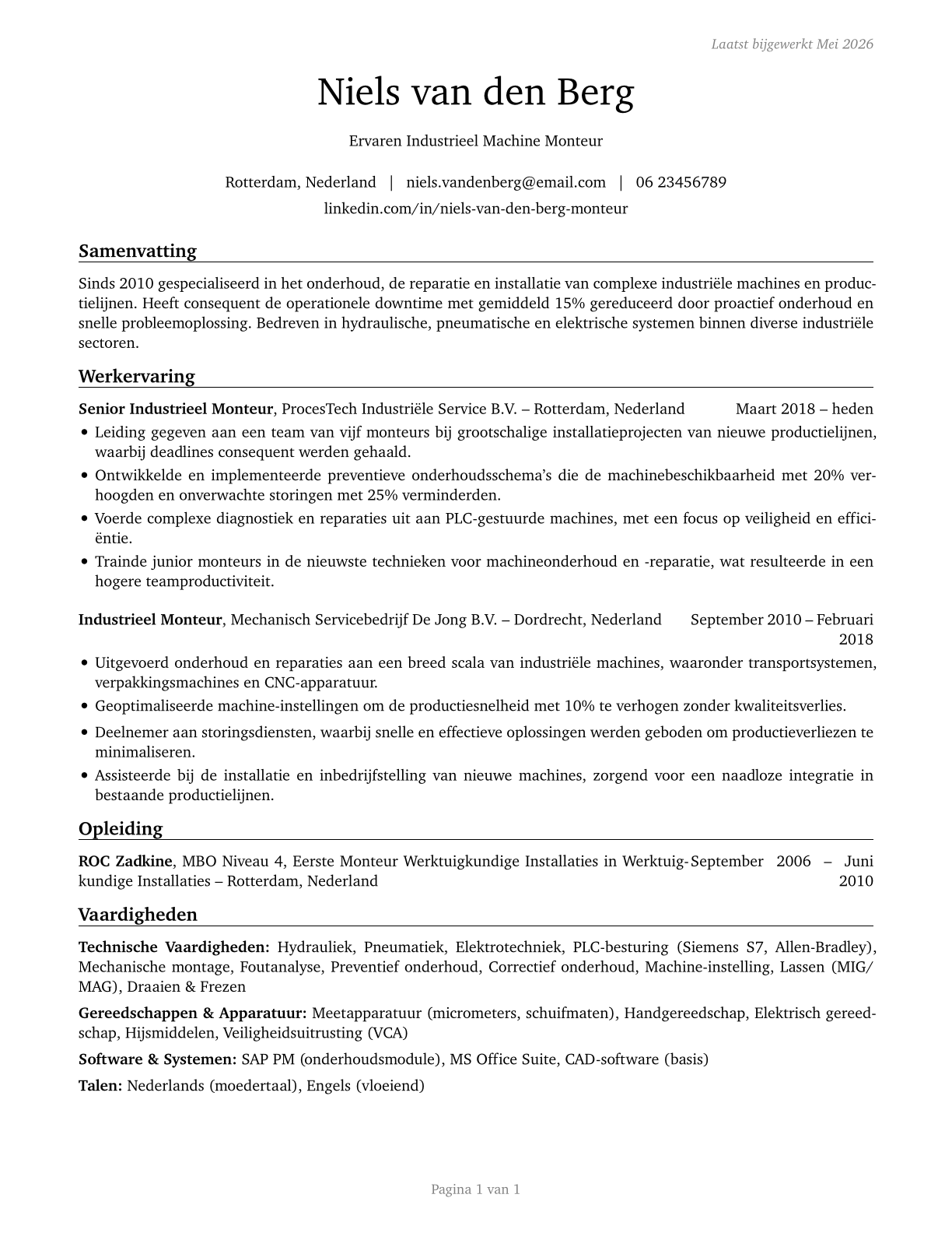 Industrial Machinery Mechanics CV in Dutch — page 1