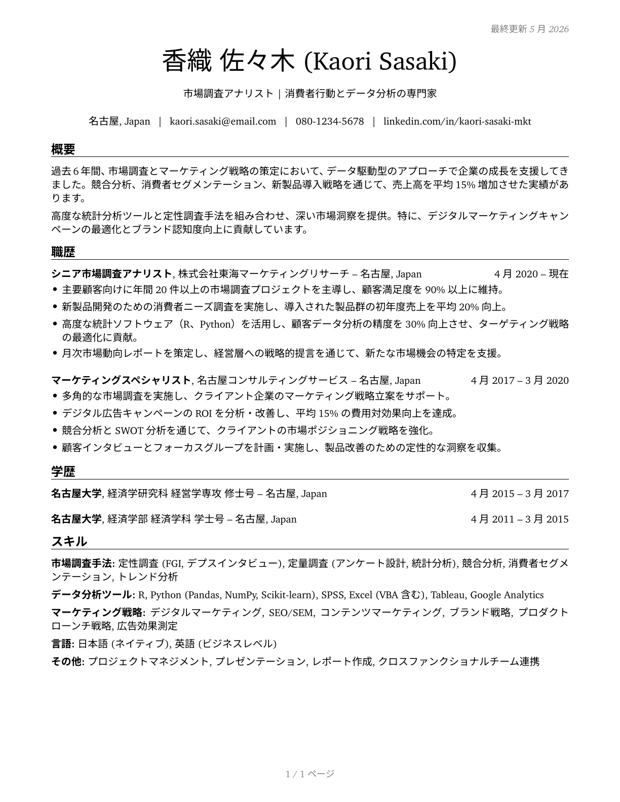 Market Research Analysts and Marketing Specialists CV in Japanese — page 1