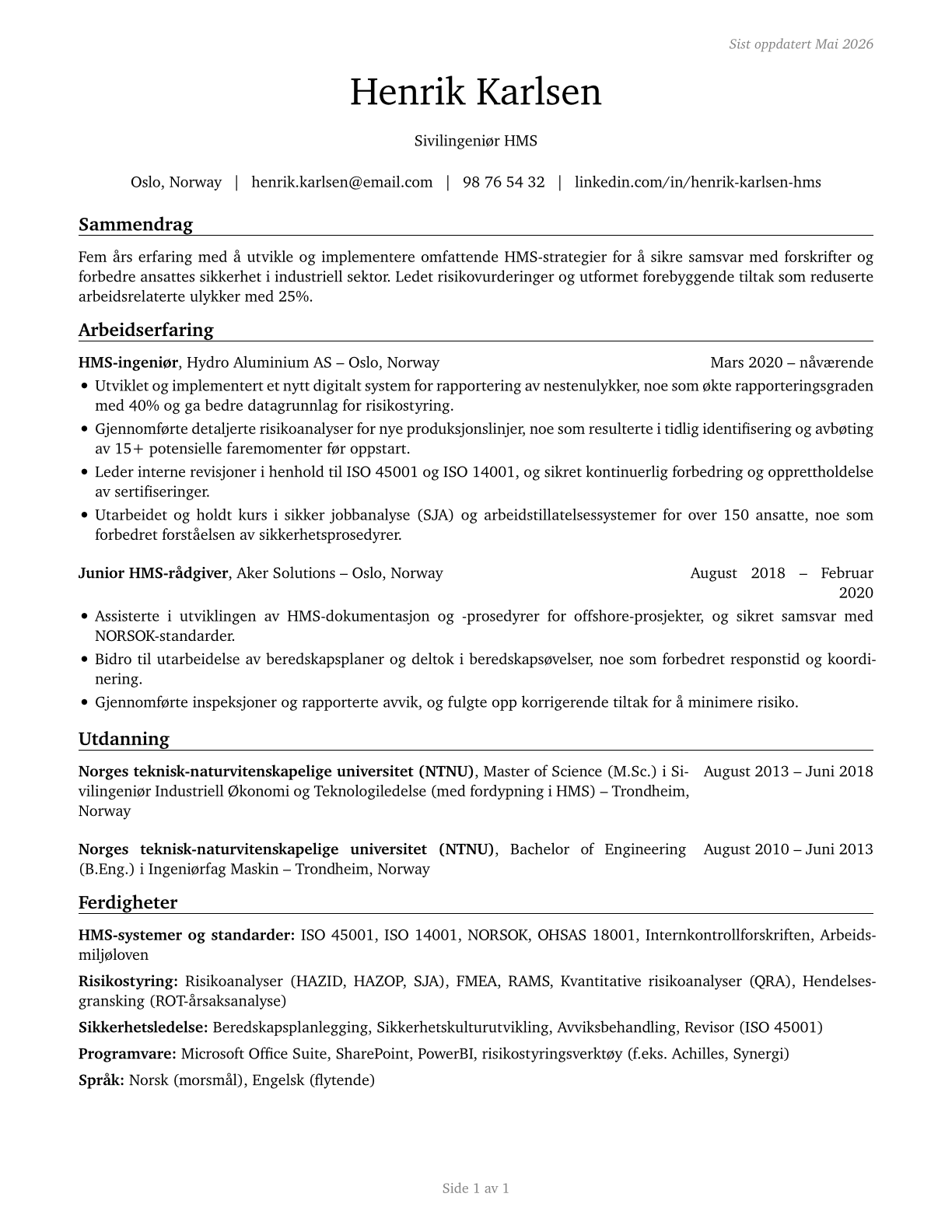 Health and Safety Engineers, Except Mining Safety Engineers and Inspectors CV in Norwegian_bokmal — page 1