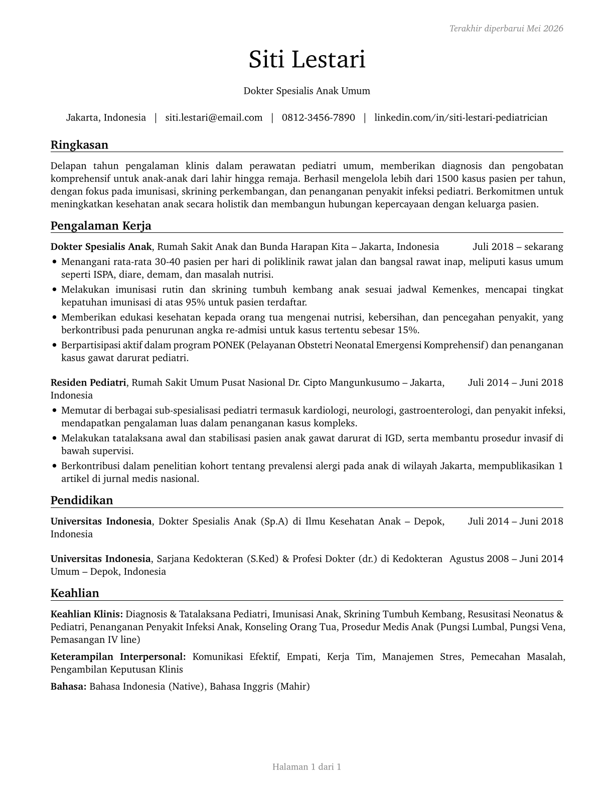 Pediatricians, General CV in Indonesian — page 1