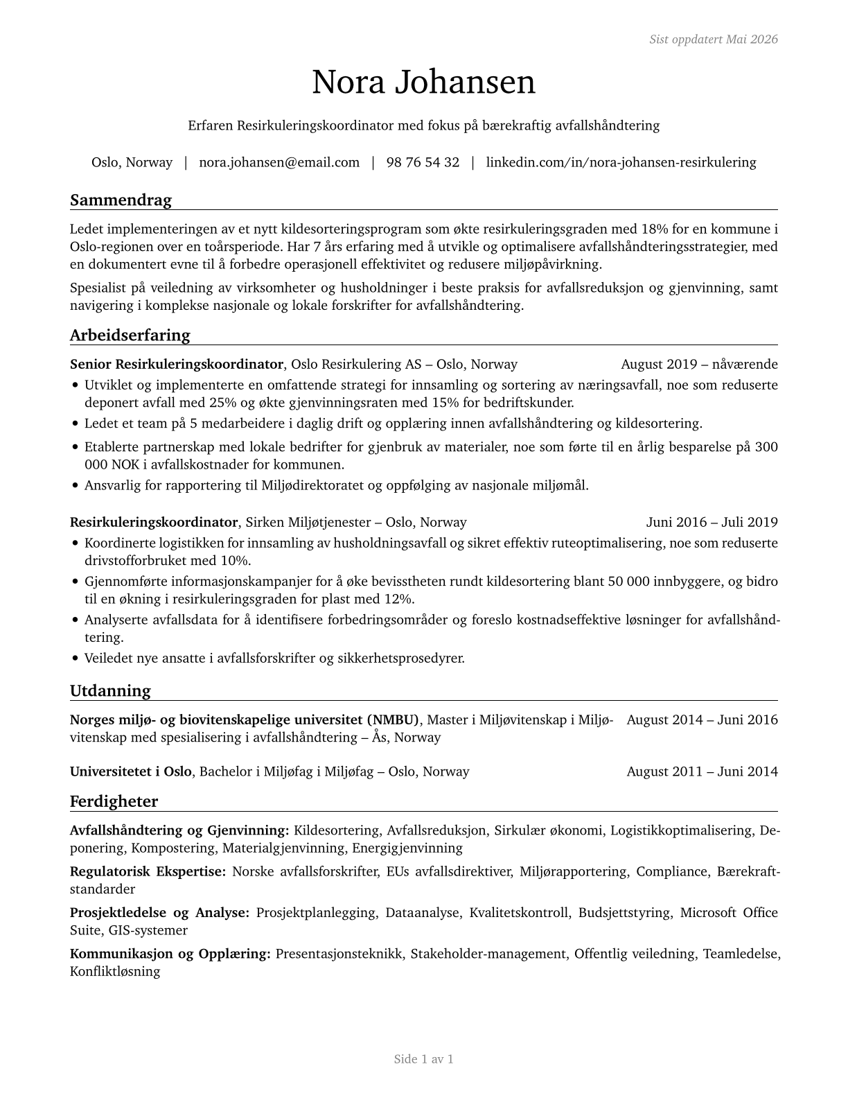 Recycling Coordinators CV in Norwegian_bokmal — page 1