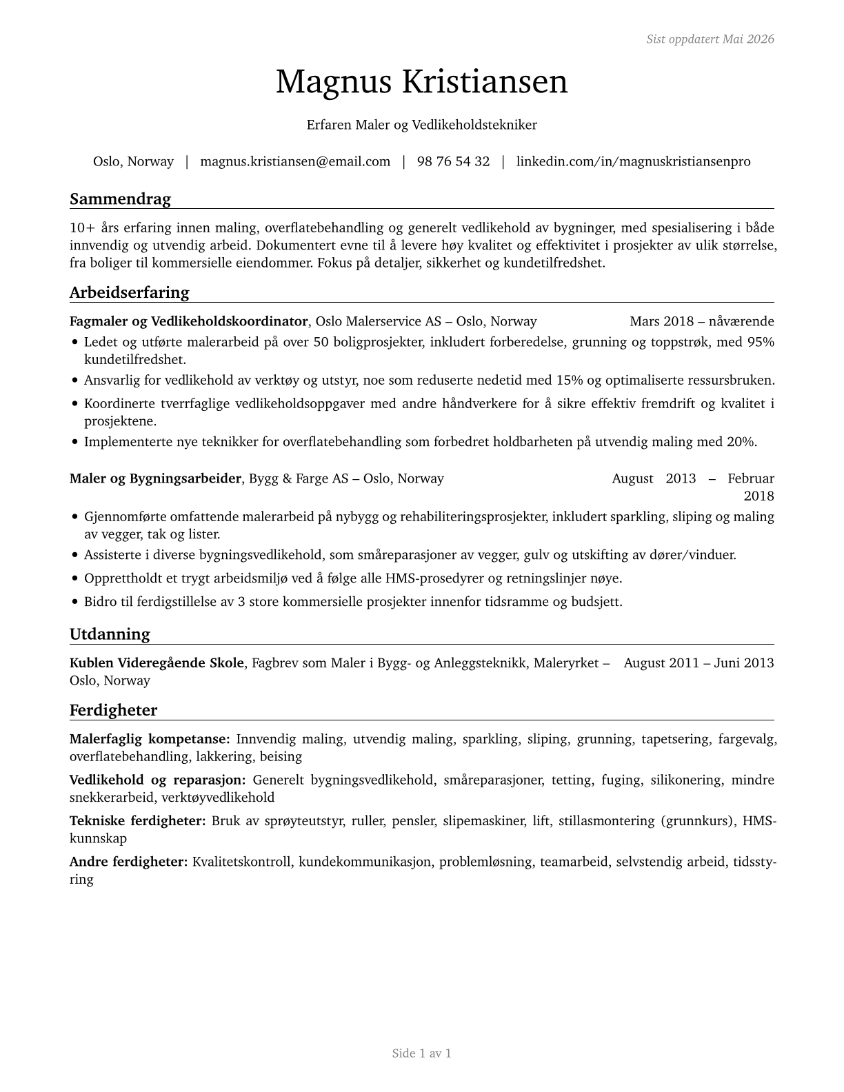 Painters, Construction and Maintenance CV in Norwegian_bokmal — page 1