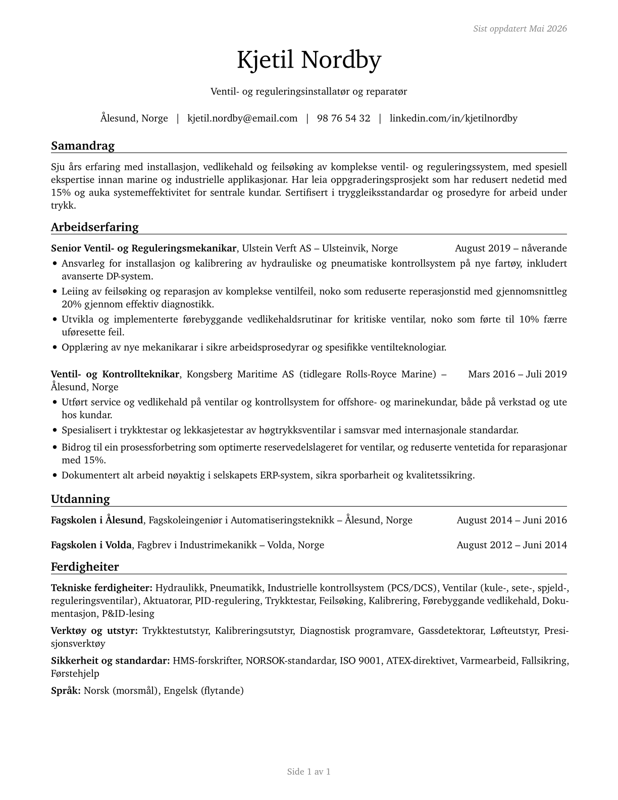 Control and Valve Installers and Repairers, Except Mechanical Door CV in Norwegian_nynorsk — page 1