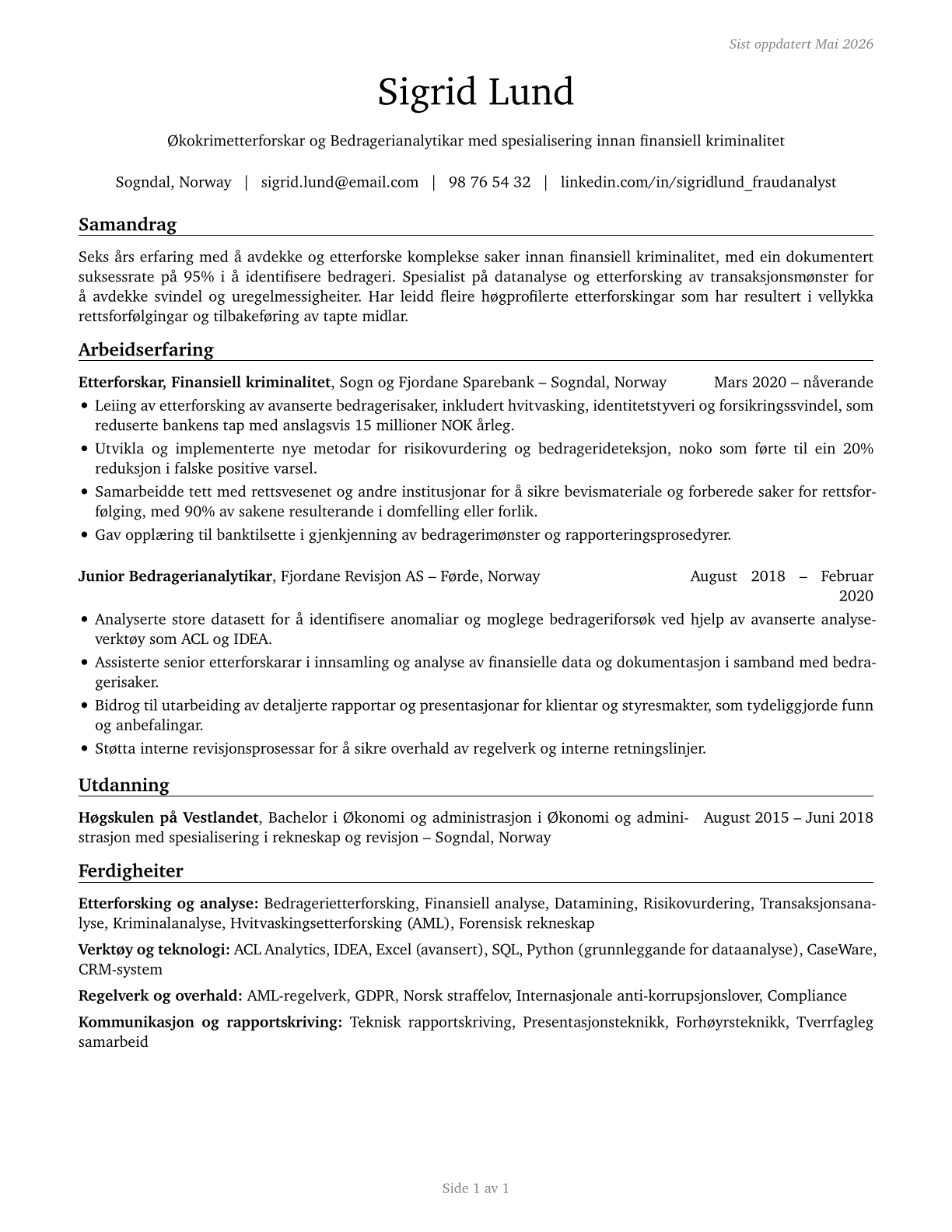 Fraud Examiners, Investigators and Analysts CV in Norwegian_nynorsk — page 1