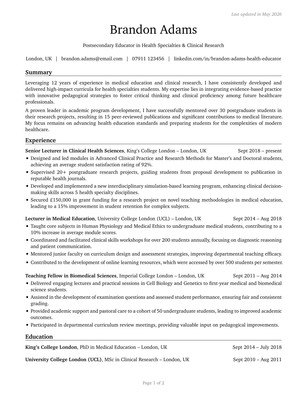Health Specialties Teachers, Postsecondary CV in English — page 1