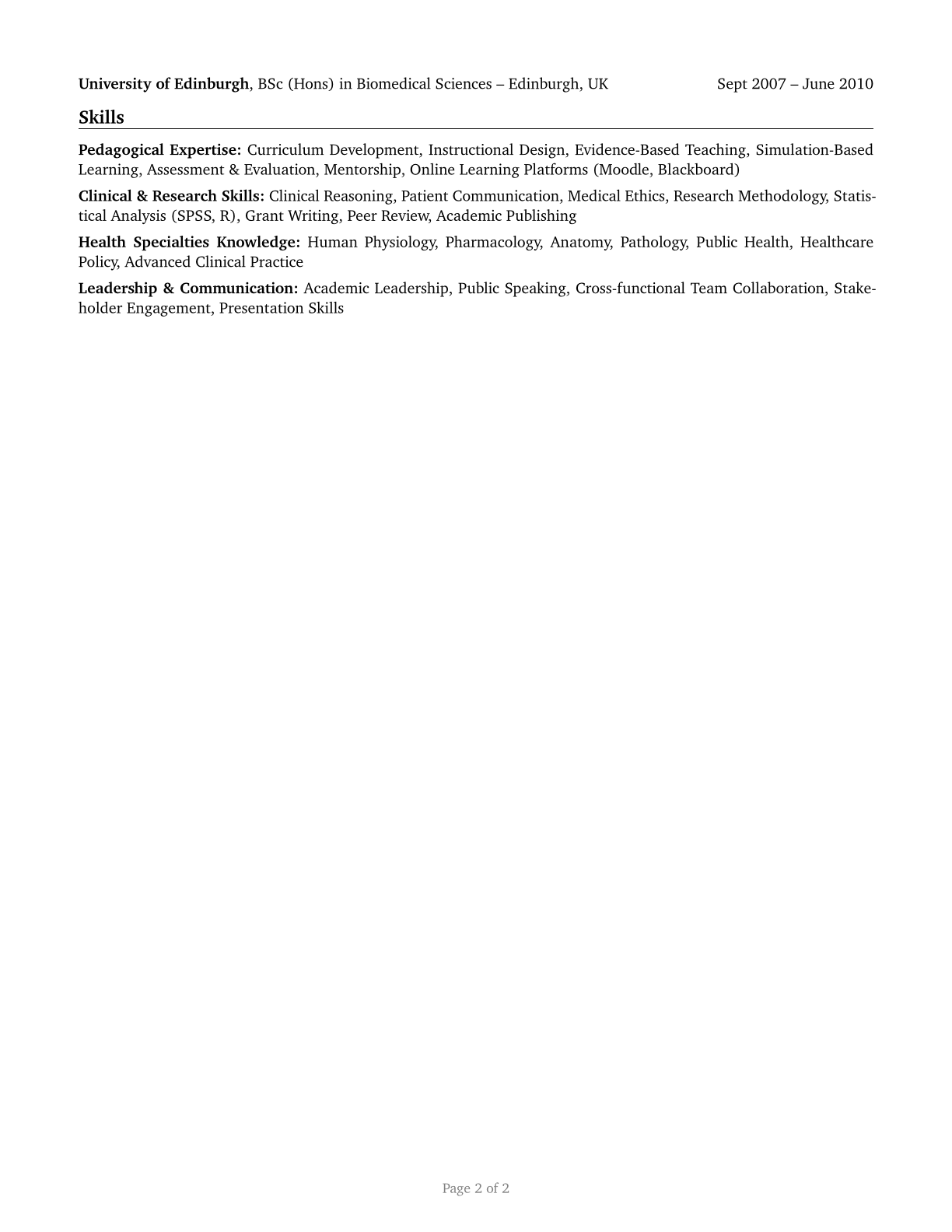 Health Specialties Teachers, Postsecondary CV in English — page 2