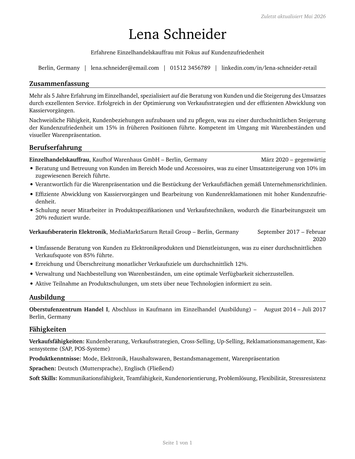 Retail Salespersons CV in German — page 1