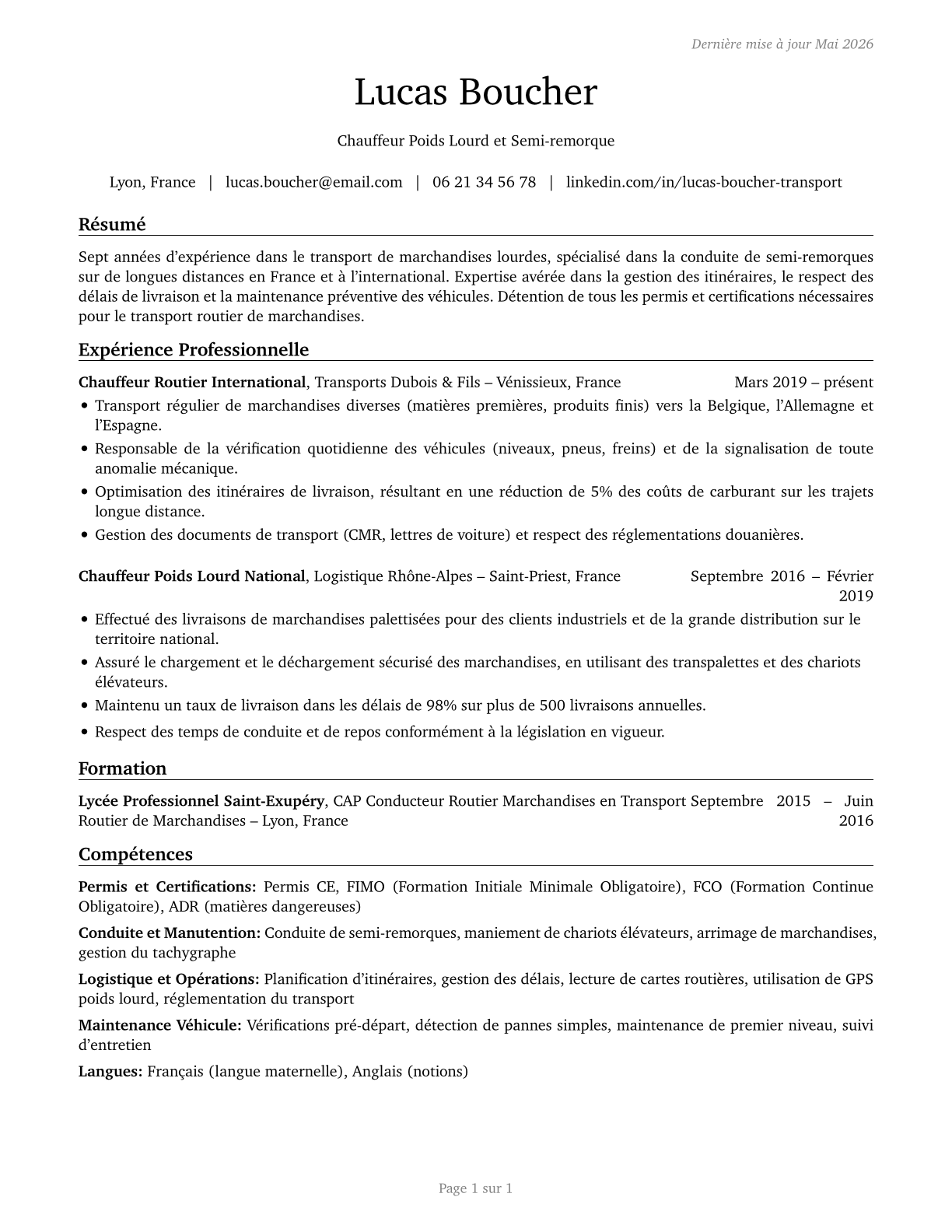 Heavy and Tractor-Trailer Truck Drivers CV in French — page 1
