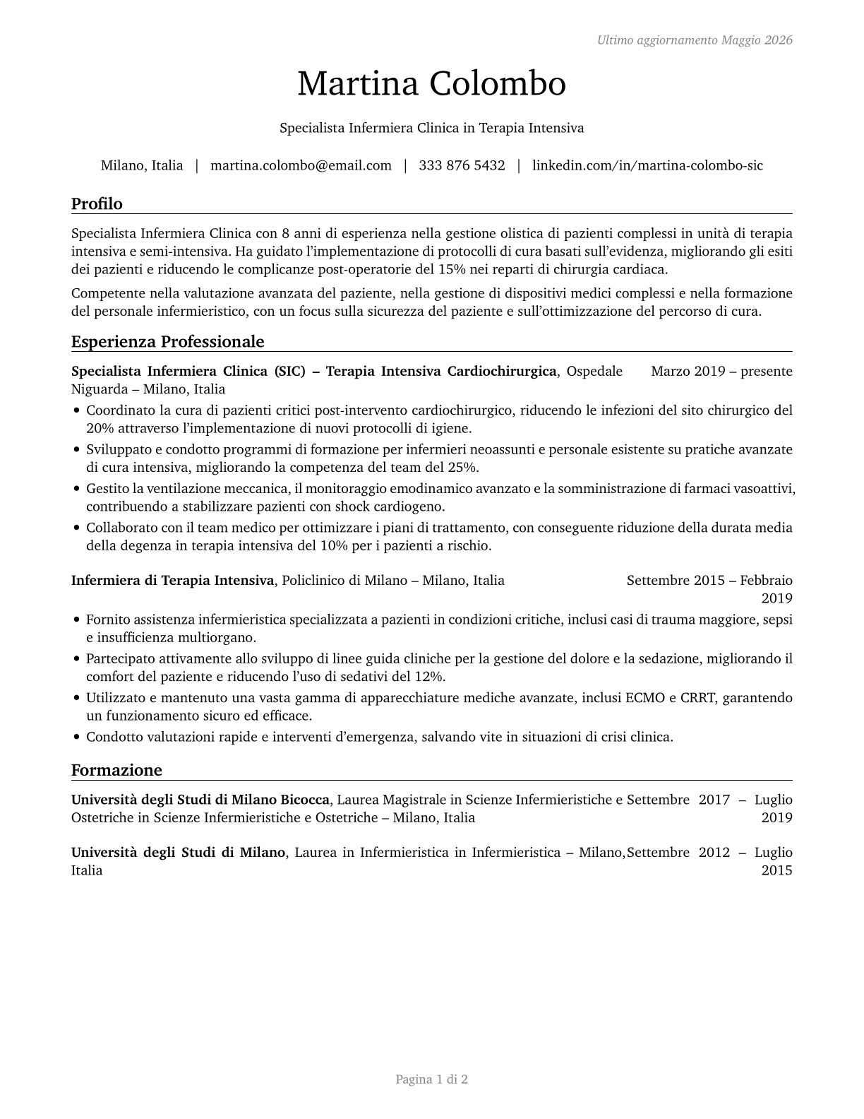 Clinical Nurse Specialists CV in Italian — page 1