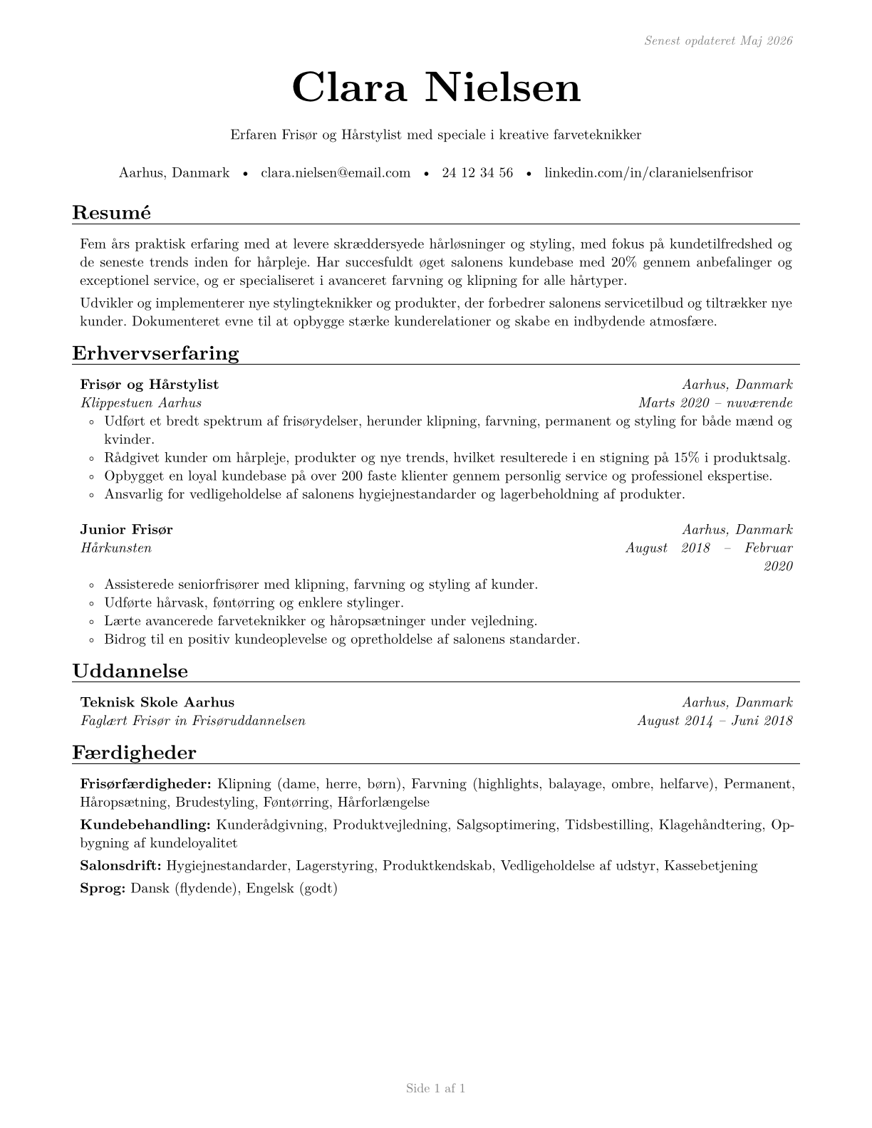 Hairdressers, Hairstylists, and Cosmetologists CV in Danish — page 1