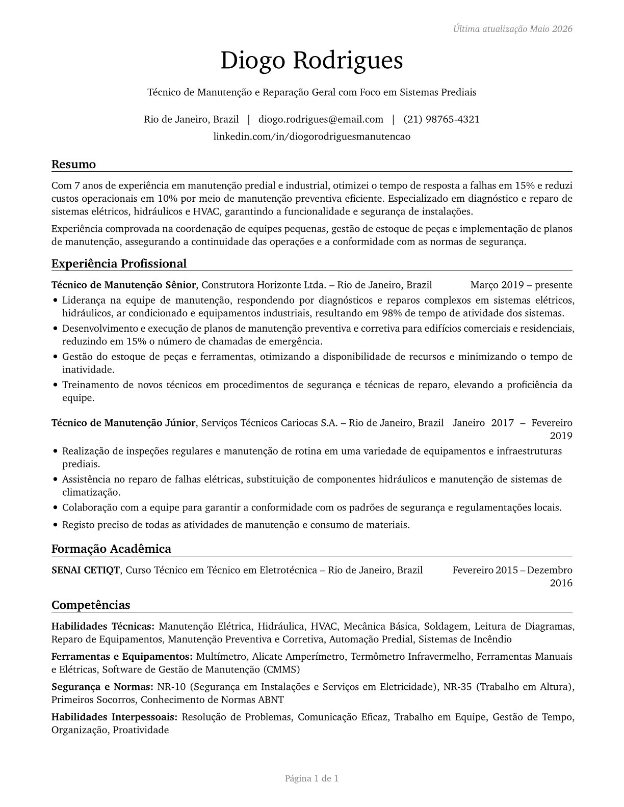 Maintenance and Repair Workers, General CV in Portuguese — page 1