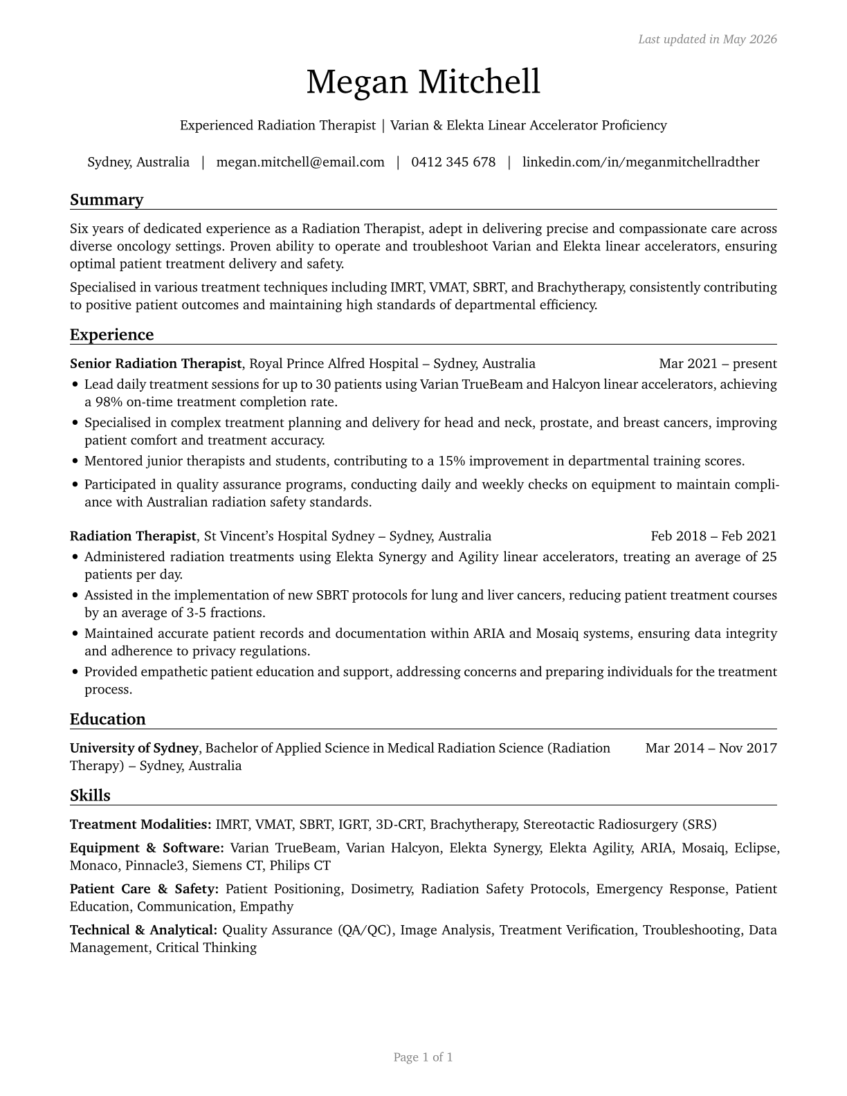 Radiation Therapists CV in English — page 1
