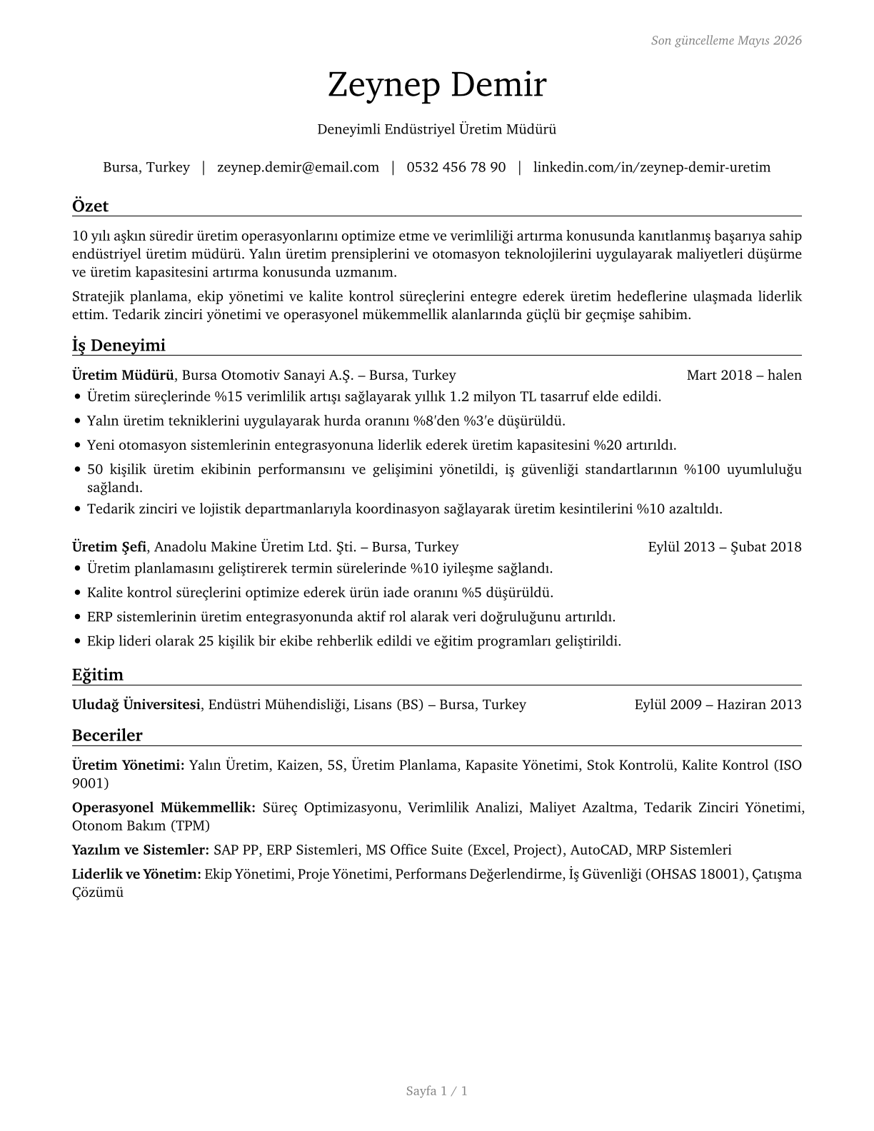 Industrial Production Managers CV in Turkish — page 1