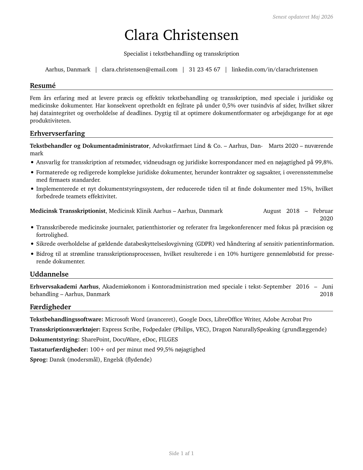 Word Processors and Typists CV in Danish — page 1