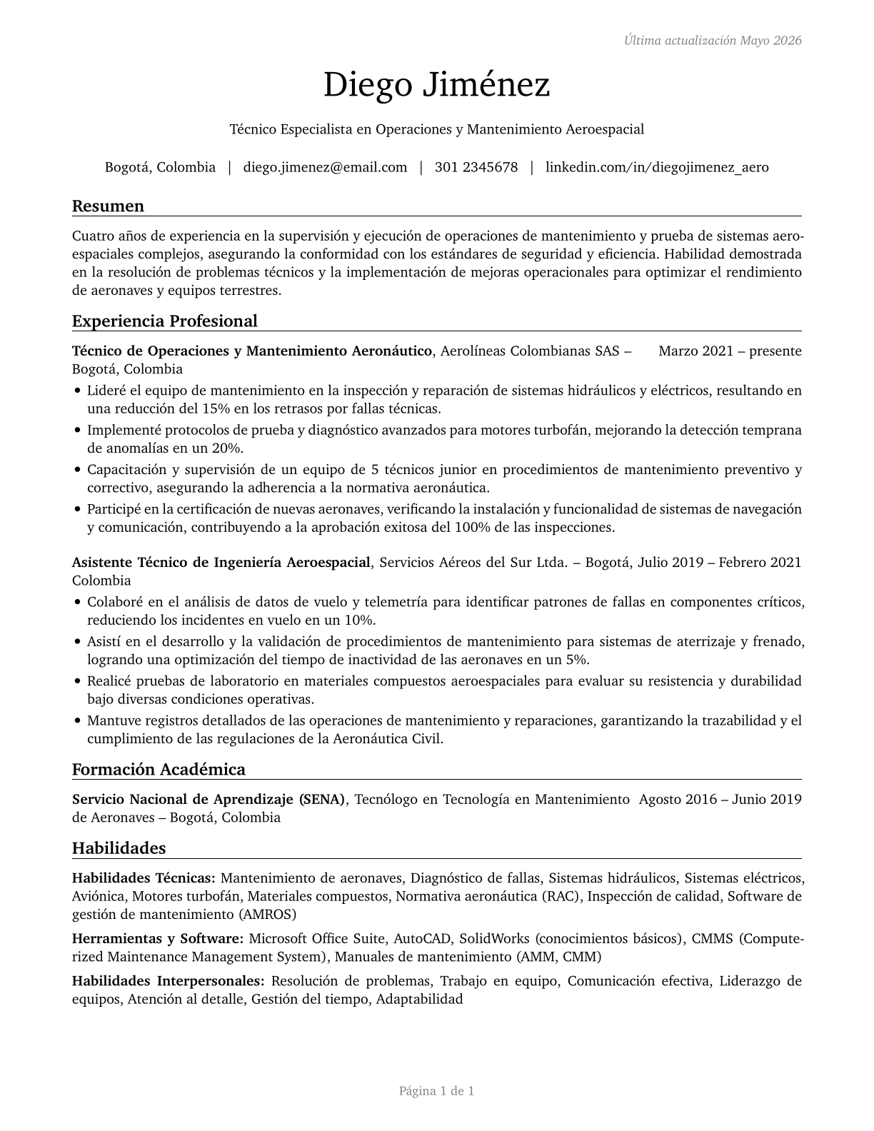 Aerospace Engineering and Operations Technologists and Technicians CV in Spanish — page 1