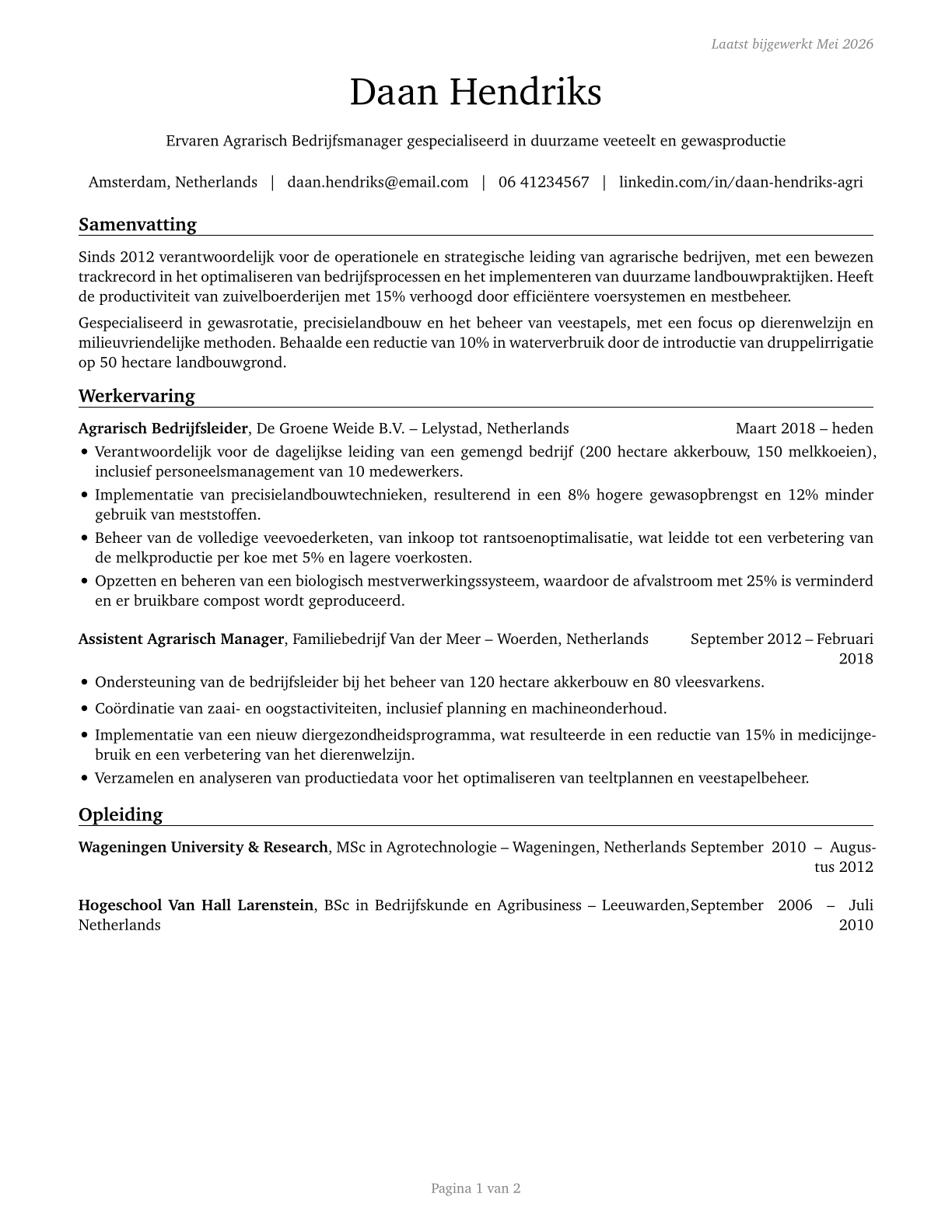 Farmers, Ranchers, and Other Agricultural Managers CV in Dutch — page 1