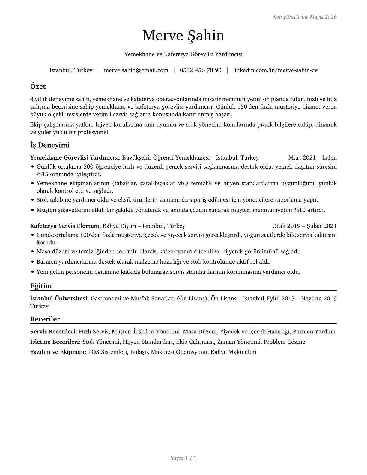 Dining Room and Cafeteria Attendants and Bartender Helpers CV in Turkish — page 1