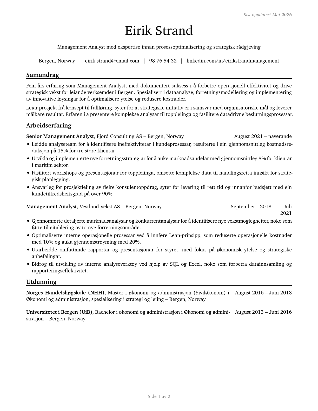 Management Analysts CV in Norwegian_nynorsk — page 1