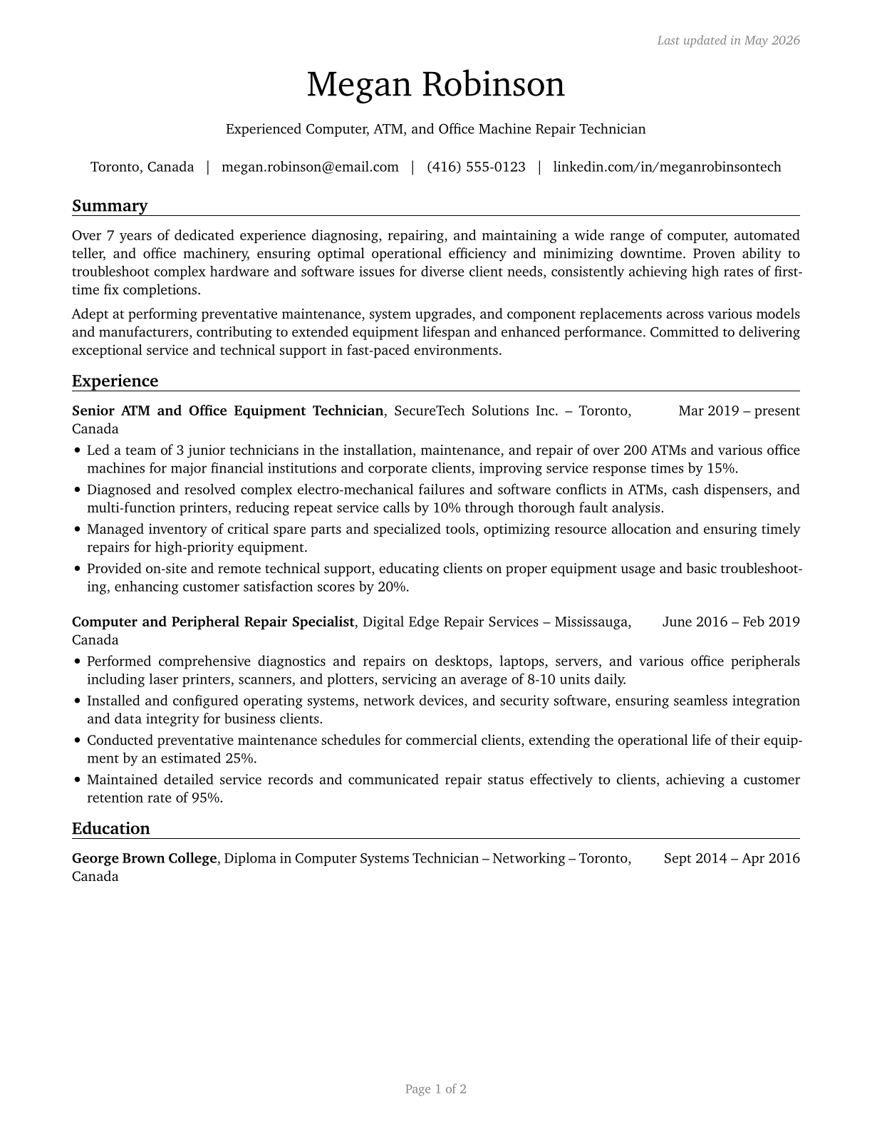 Computer, Automated Teller, and Office Machine Repairers CV in English — page 1