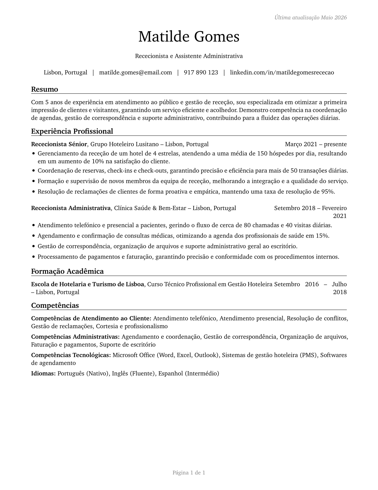 Receptionists and Information Clerks CV in Portuguese — page 1