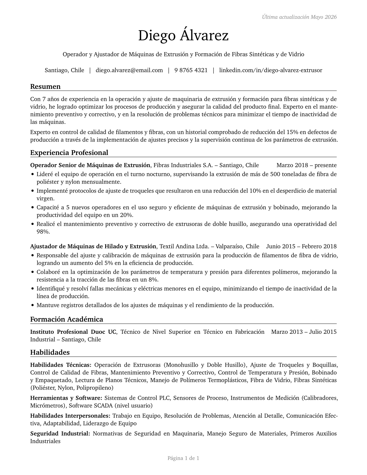 Extruding and Forming Machine Setters, Operators, and Tenders, Synthetic and Glass Fibers CV in Spanish — page 1